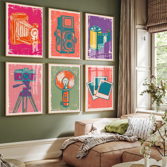 Set of Six Cameras and Photography Linocut Art Prints - 6 Illustrations - Bellows Camera, Twin Lens Reflex, Film Roll, Tripod, Flash Posters