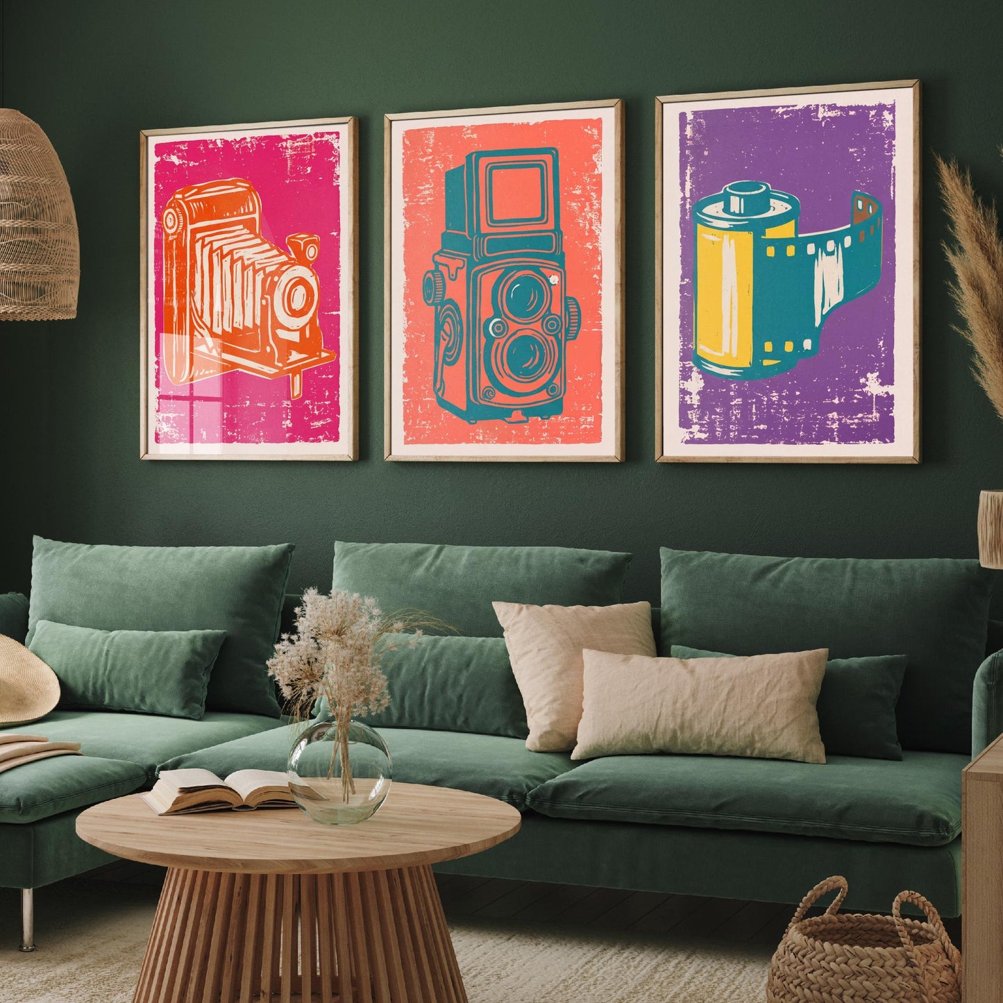 Set of Three Bellows Camera, Twin Lens Reflex and Film Roll Art Prints - Vintage Camera Linocut Illustrations - Photography Posters V1
