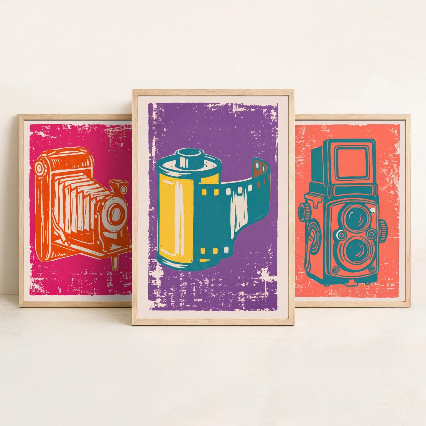 Set of Three Bellows Camera, Twin Lens Reflex and Film Roll Art Prints - Vintage Camera Linocut Illustrations - Photography Posters V1
