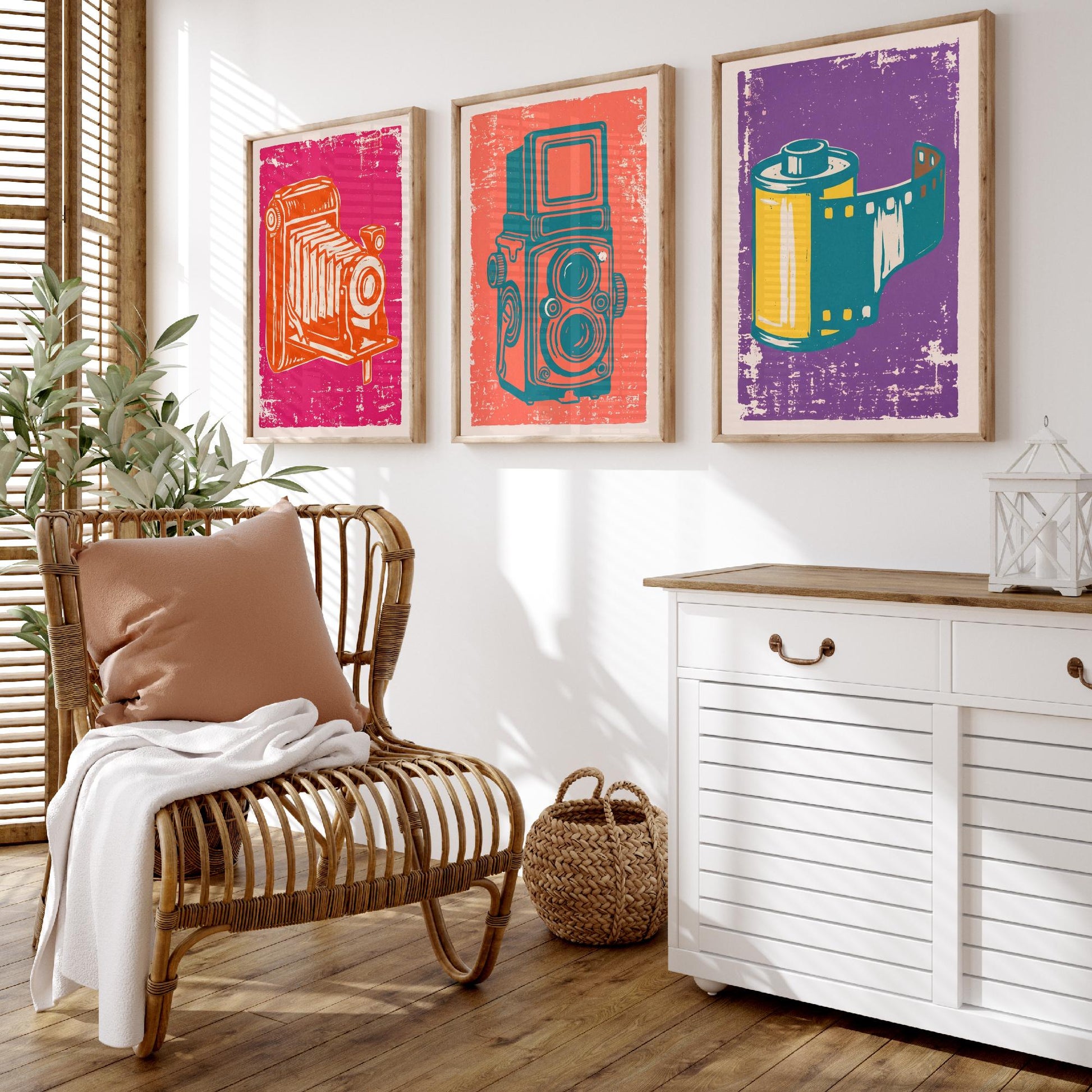 Set of Three Bellows Camera, Twin Lens Reflex and Film Roll Art Prints - Vintage Camera Linocut Illustrations - Photography Posters V1