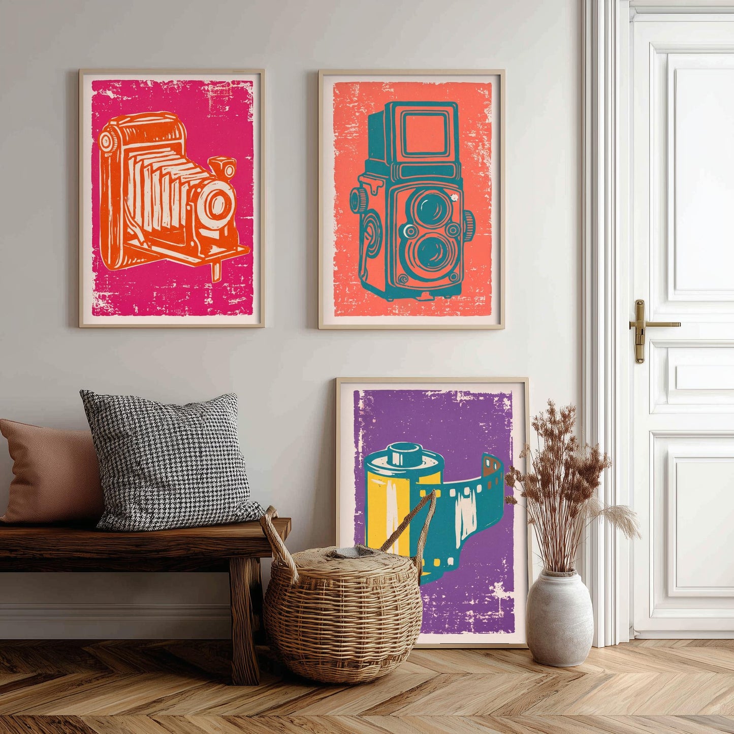 Set of Three Bellows Camera, Twin Lens Reflex and Film Roll Art Prints - Vintage Camera Linocut Illustrations - Photography Posters V1