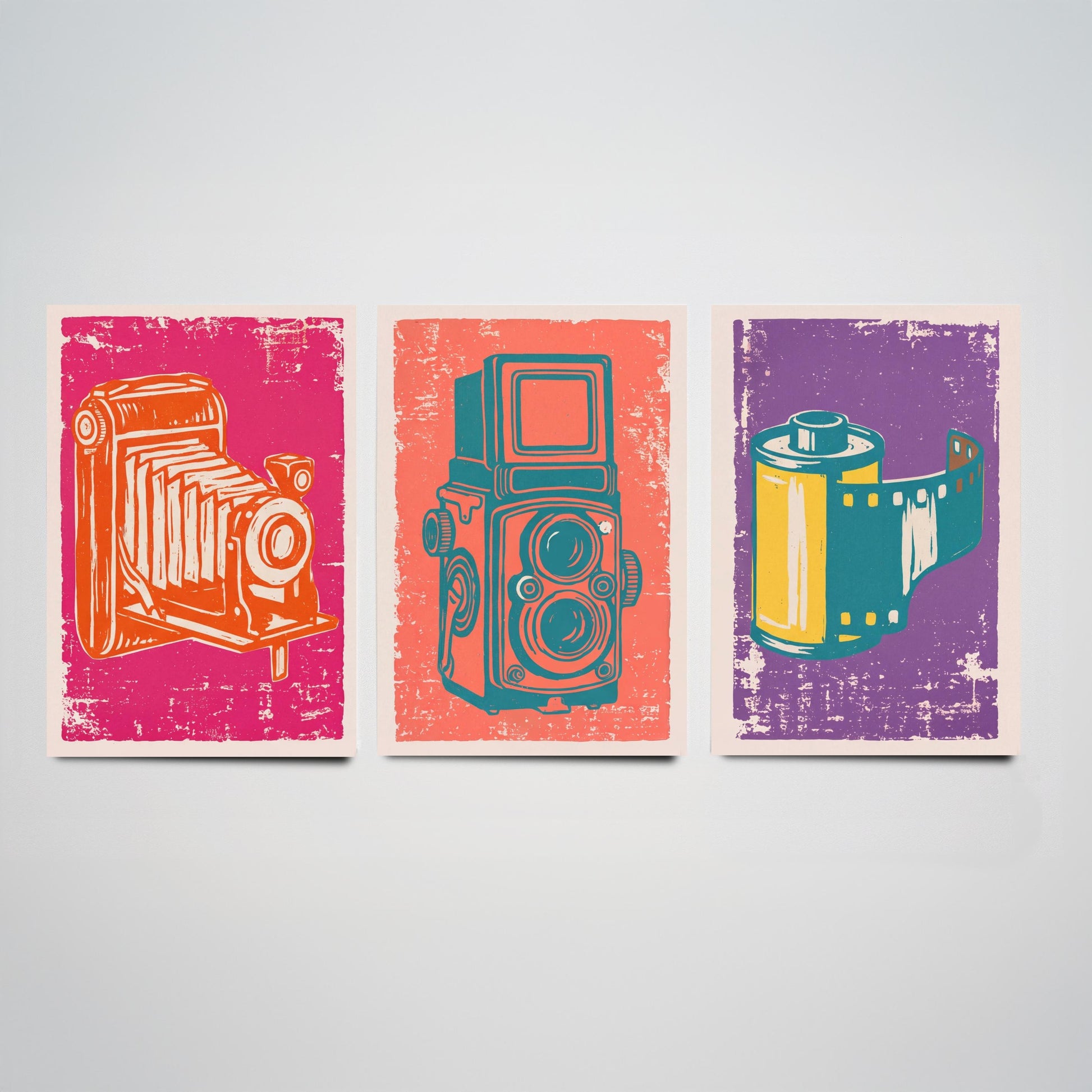 Set of Three Bellows Camera, Twin Lens Reflex and Film Roll Art Prints - Vintage Camera Linocut Illustrations - Photography Posters V1