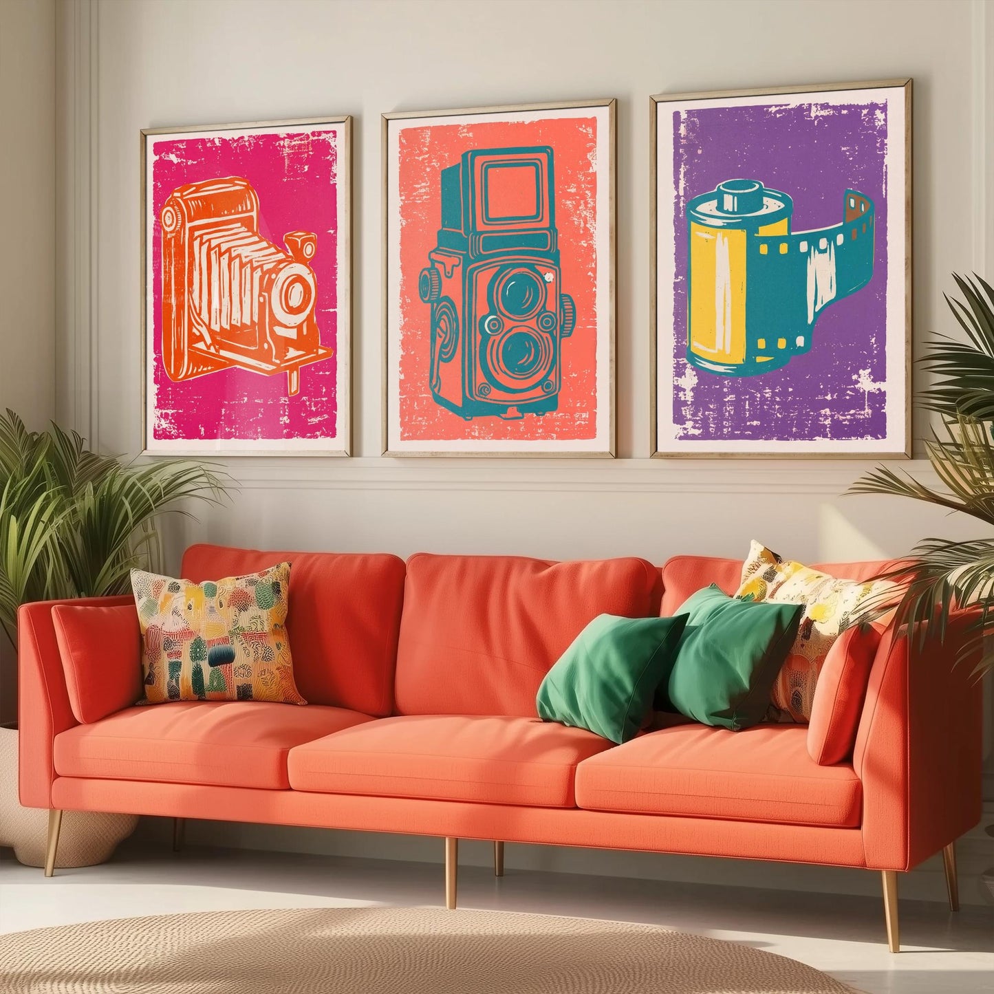Set of Three Bellows Camera, Twin Lens Reflex and Film Roll Art Prints - Vintage Camera Linocut Illustrations - Photography Posters V1