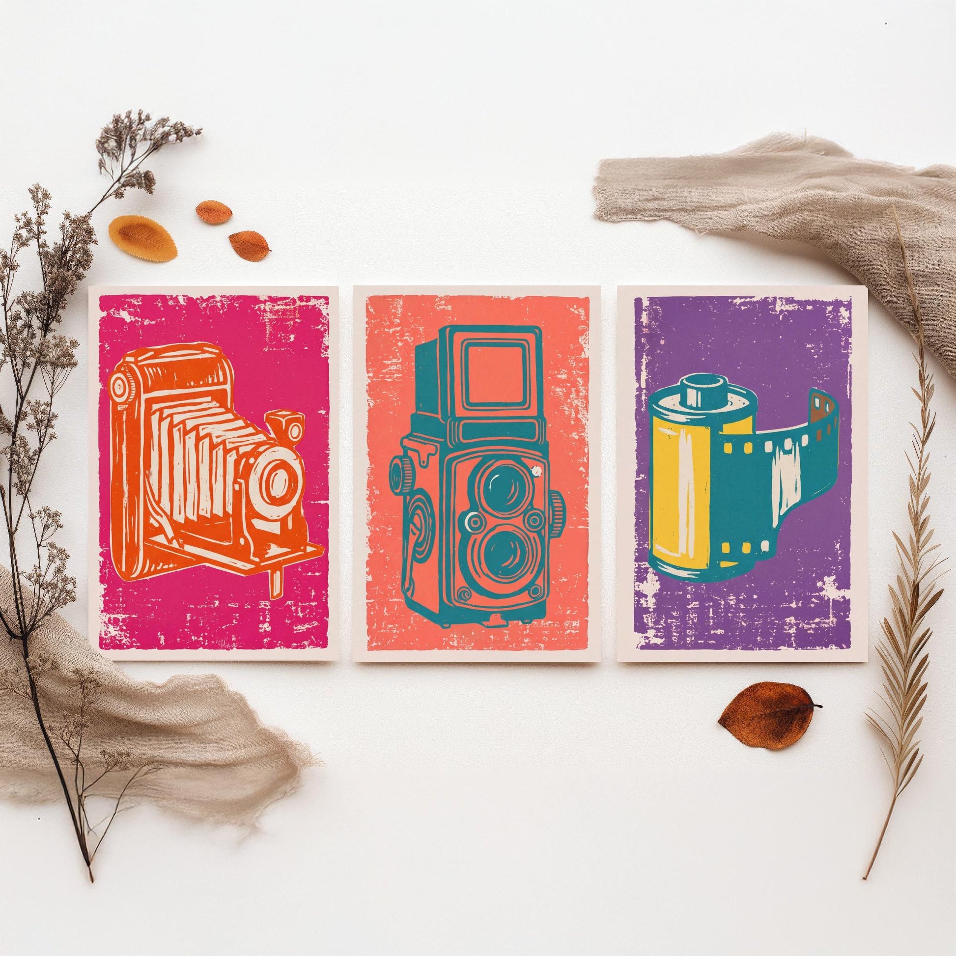 Set of Three Bellows Camera, Twin Lens Reflex and Film Roll Art Prints - Vintage Camera Linocut Illustrations - Photography Posters V1