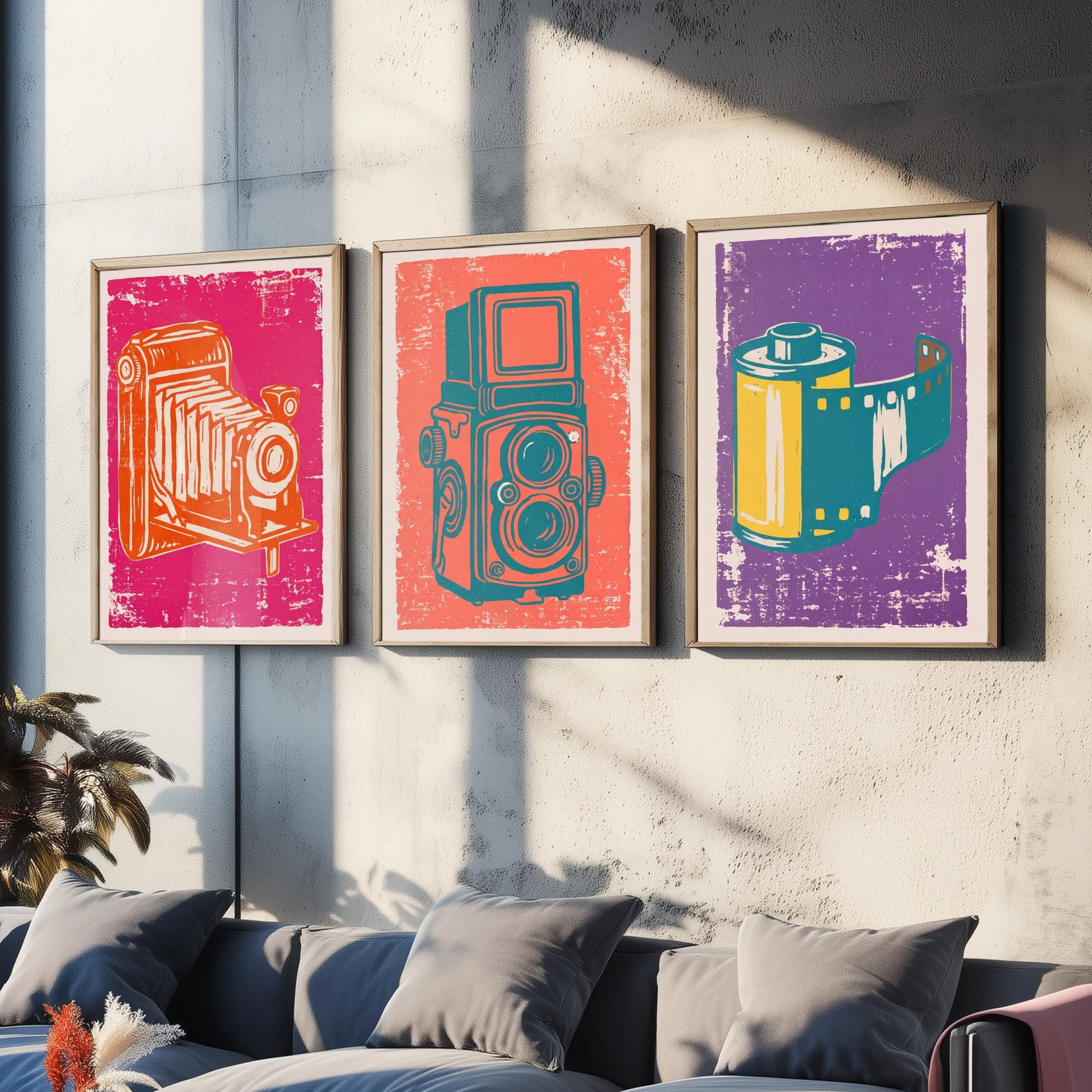 Set of Three Bellows Camera, Twin Lens Reflex and Film Roll Art Prints - Vintage Camera Linocut Illustrations - Photography Posters V1