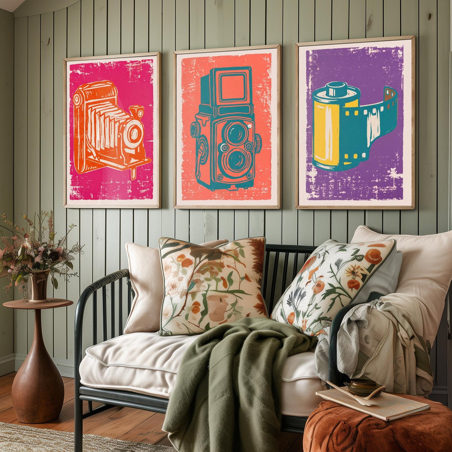 Set of Three Bellows Camera, Twin Lens Reflex and Film Roll Art Prints - Vintage Camera Linocut Illustrations - Photography Posters V1