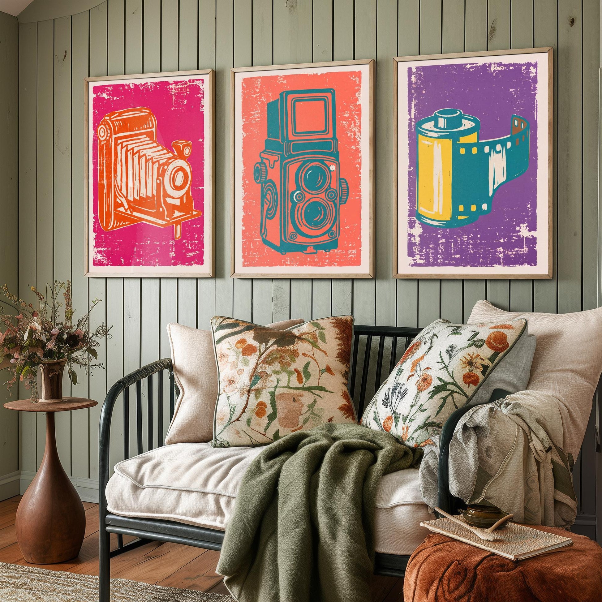 Set of Three Bellows Camera, Twin Lens Reflex and Film Roll Art Prints - Vintage Camera Linocut Illustrations - Photography Posters V1