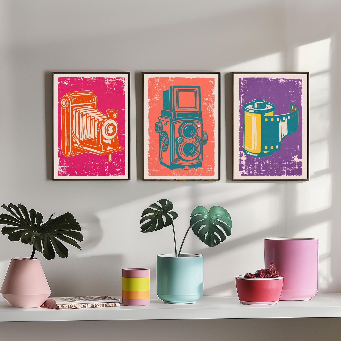 Set of Three Bellows Camera, Twin Lens Reflex and Film Roll Art Prints - Vintage Camera Linocut Illustrations - Photography Posters V1