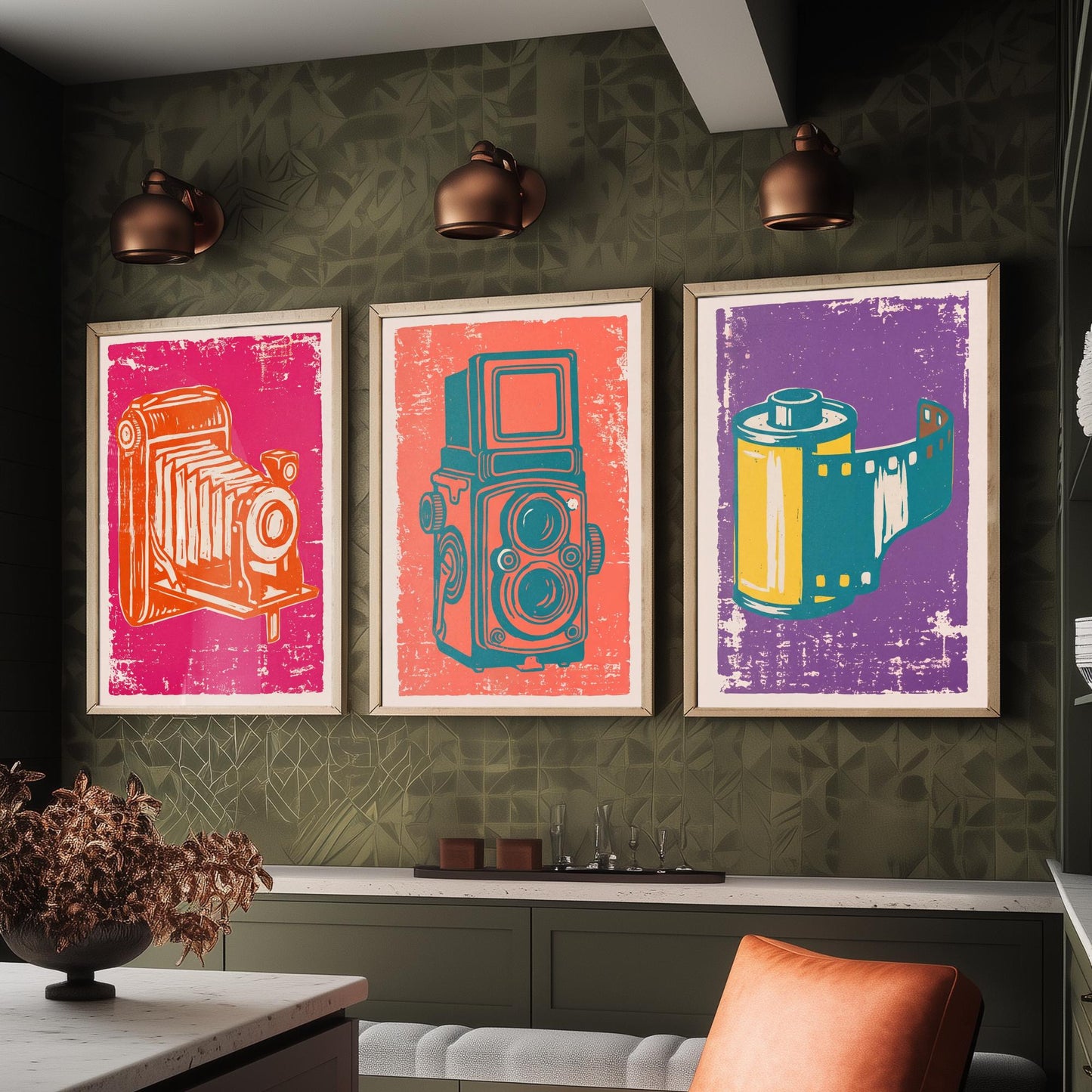 Set of Three Bellows Camera, Twin Lens Reflex and Film Roll Art Prints - Vintage Camera Linocut Illustrations - Photography Posters V1