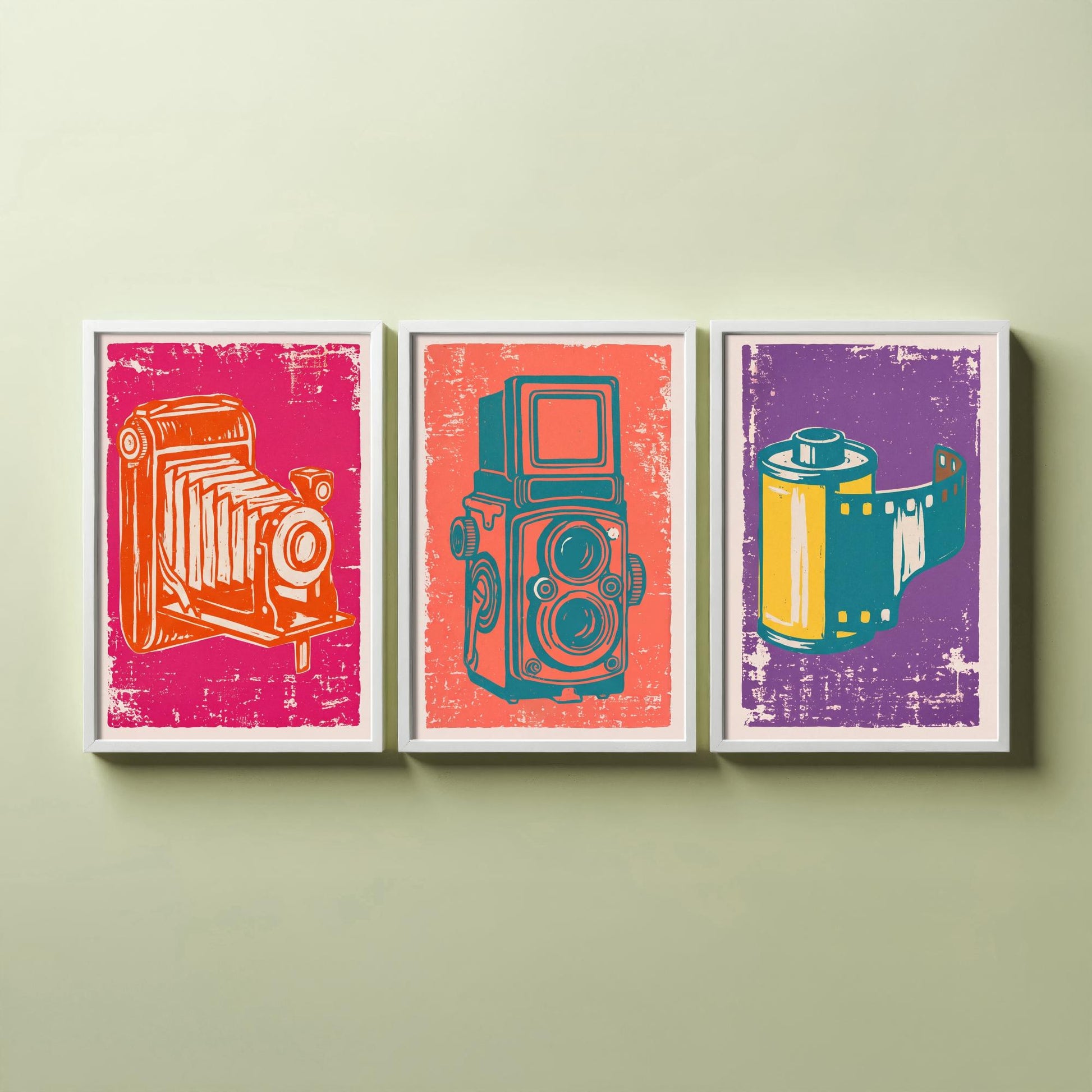 Set of Three Bellows Camera, Twin Lens Reflex and Film Roll Art Prints - Vintage Camera Linocut Illustrations - Photography Posters V1
