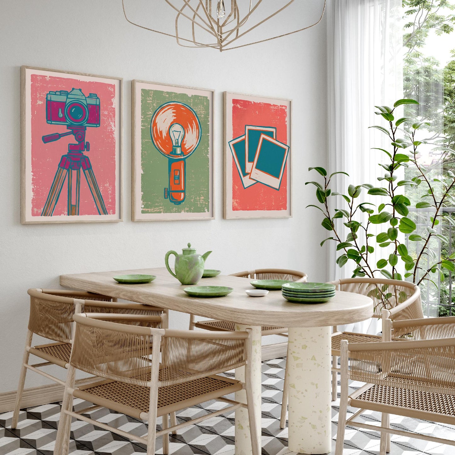 Set of Three Tripod Camera, Flash Bulb and Instant Photo Art Prints - Retro Photography Linocut Illustrations - Camera Posters V2