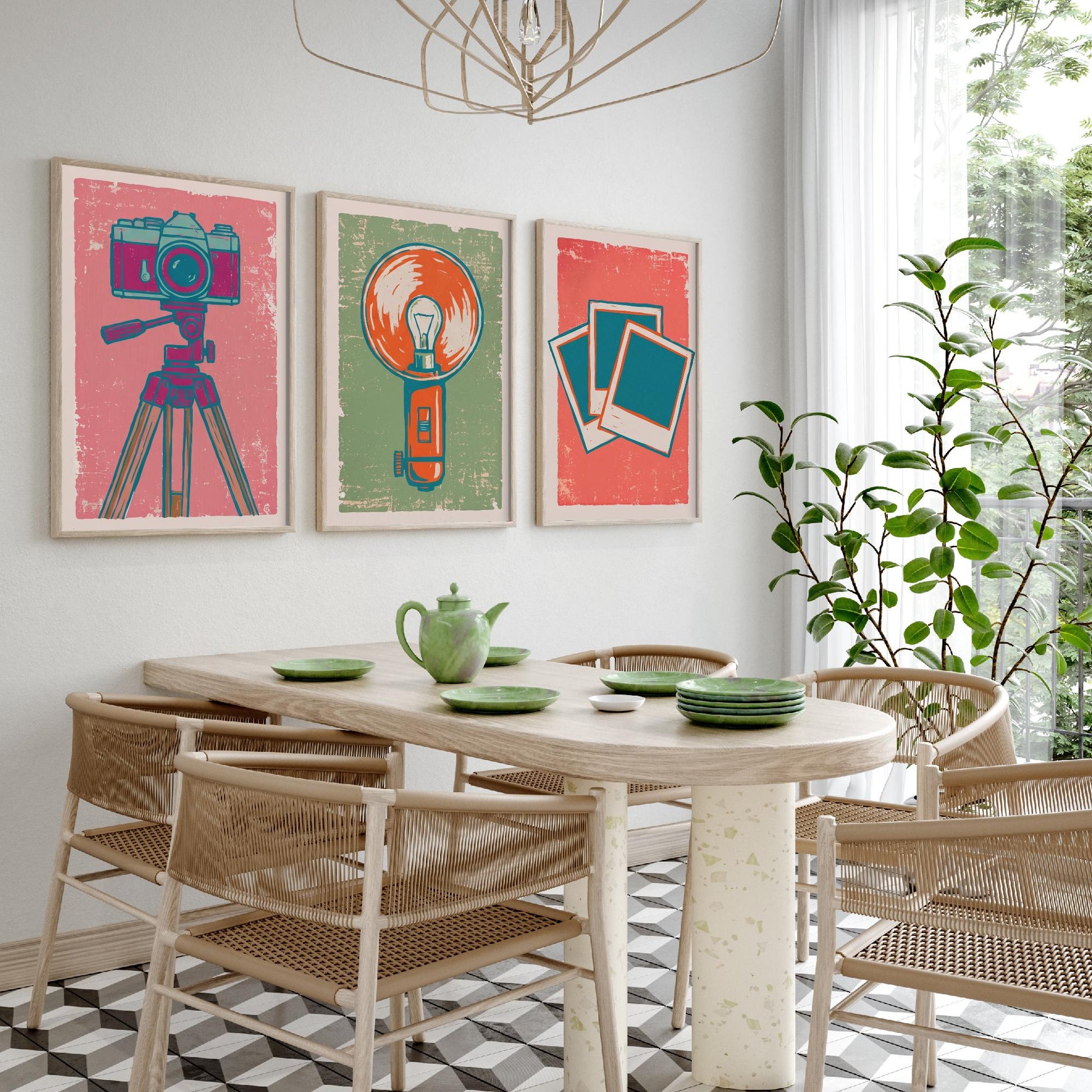 Set of Three Tripod Camera, Flash Bulb and Instant Photo Art Prints - Retro Photography Linocut Illustrations - Camera Posters V2