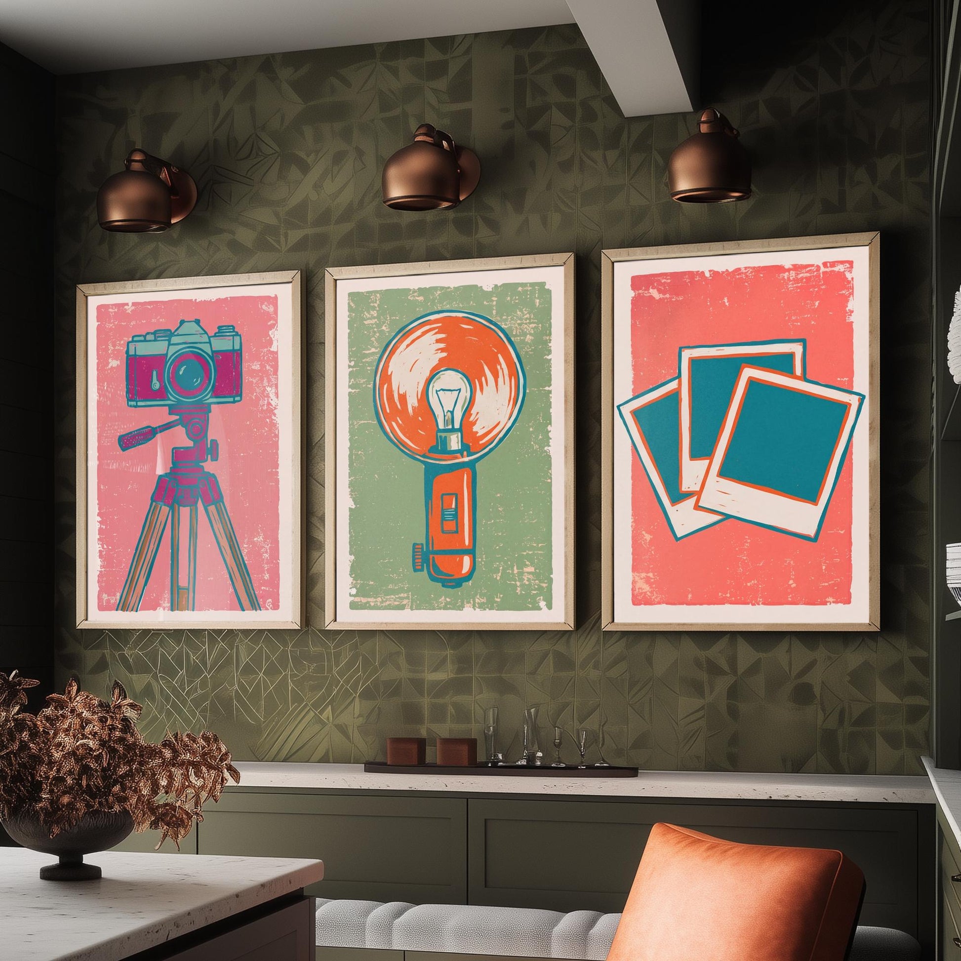 Set of Three Tripod Camera, Flash Bulb and Instant Photo Art Prints - Retro Photography Linocut Illustrations - Camera Posters V2