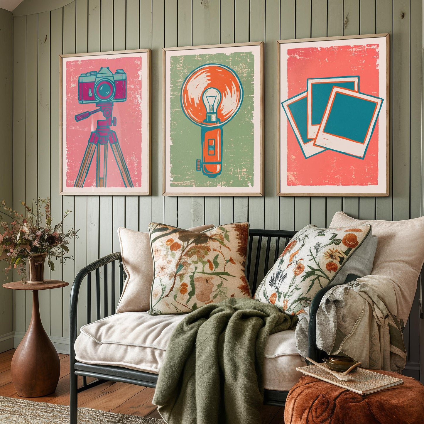 Set of Three Tripod Camera, Flash Bulb and Instant Photo Art Prints - Retro Photography Linocut Illustrations - Camera Posters V2
