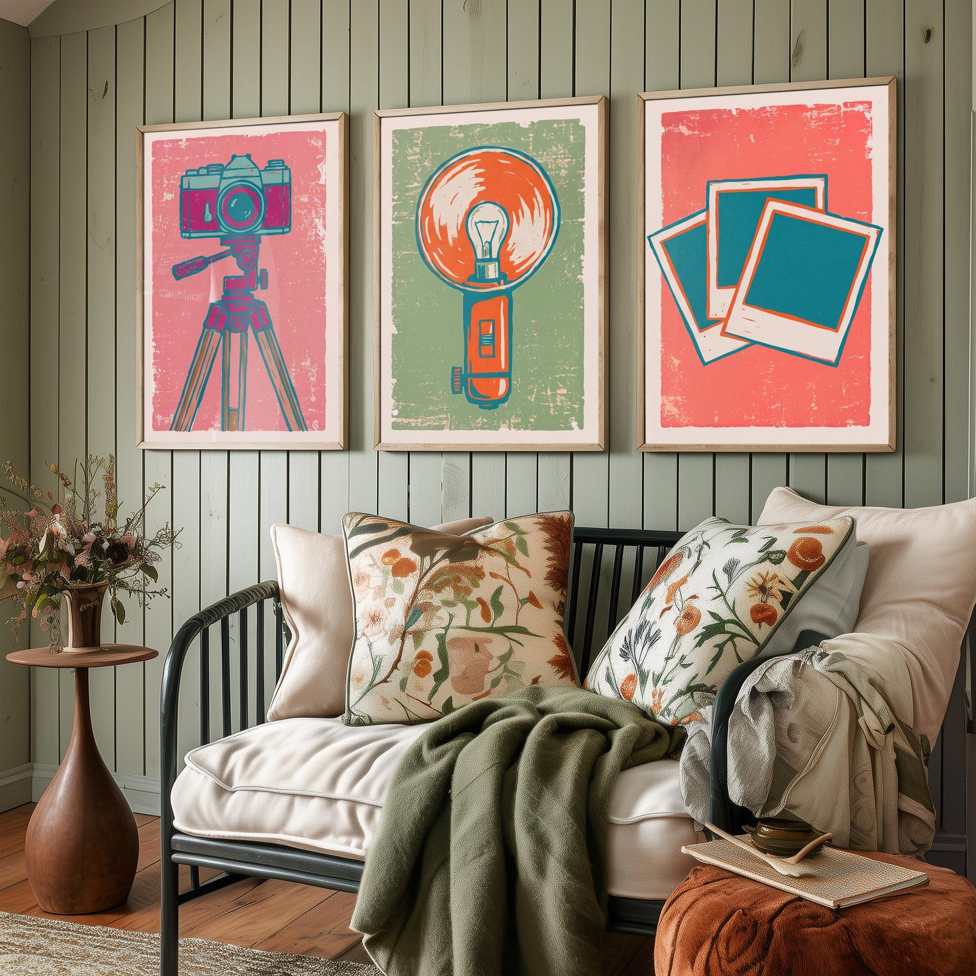 Set of Three Tripod Camera, Flash Bulb and Instant Photo Art Prints - Retro Photography Linocut Illustrations - Camera Posters V2