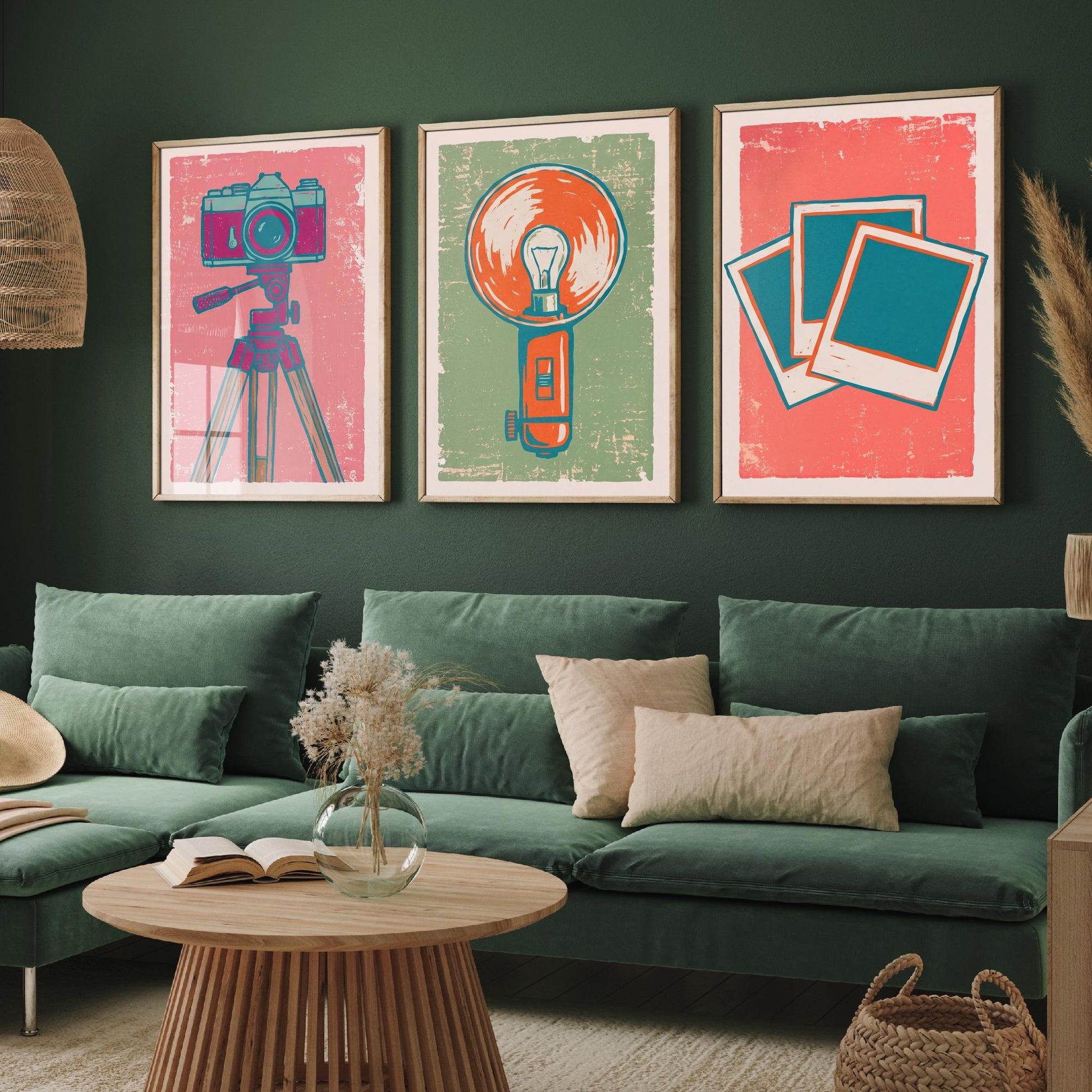 Set of Three Tripod Camera, Flash Bulb and Instant Photo Art Prints - Retro Photography Linocut Illustrations - Camera Posters V2