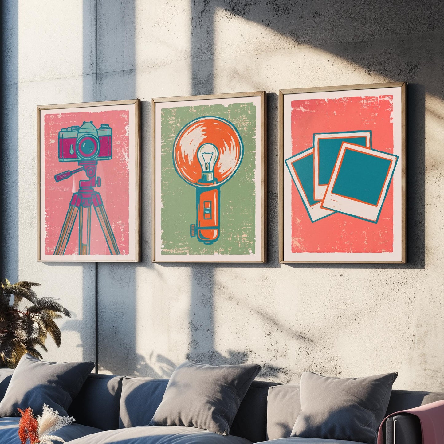 Set of Three Tripod Camera, Flash Bulb and Instant Photo Art Prints - Retro Photography Linocut Illustrations - Camera Posters V2