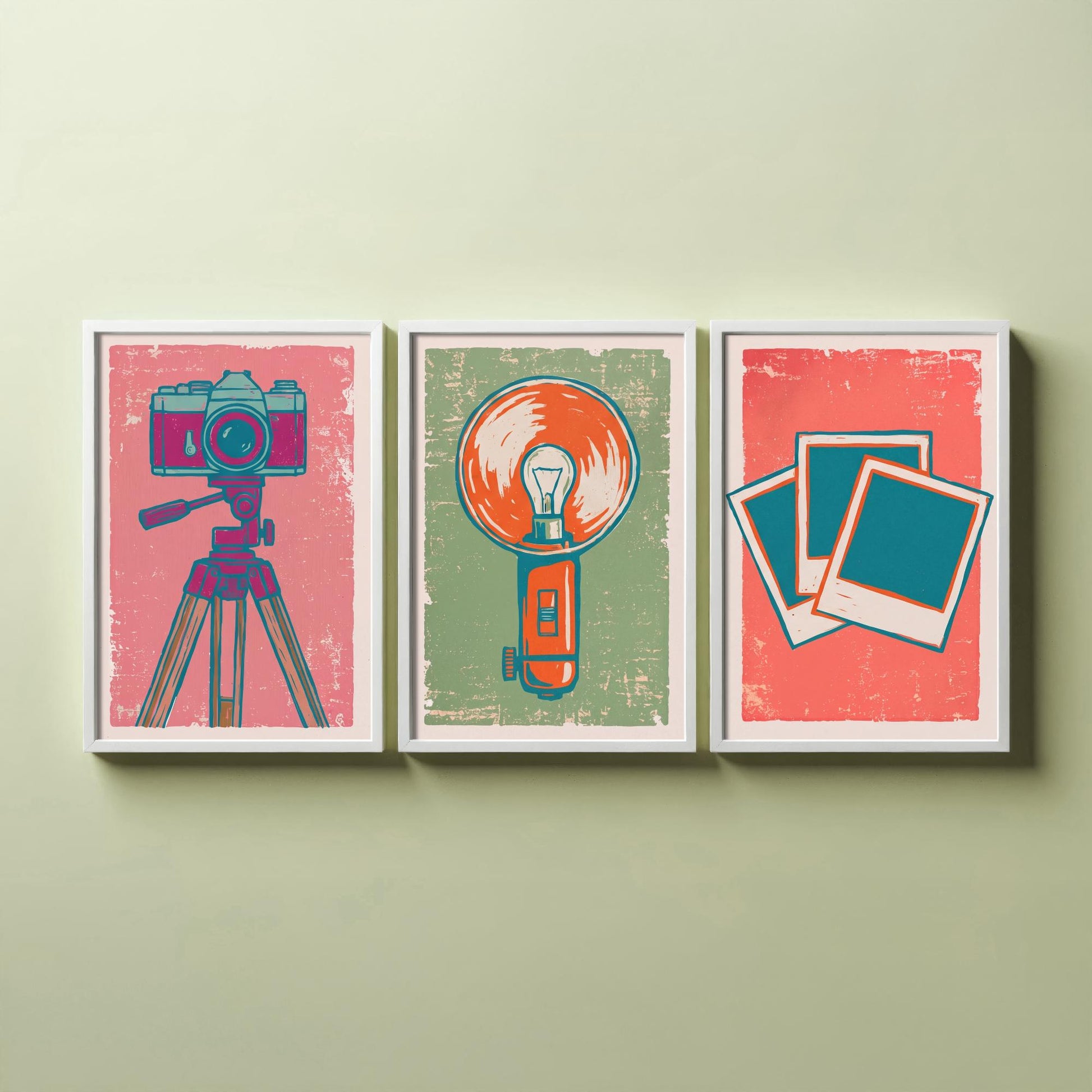Set of Three Tripod Camera, Flash Bulb and Instant Photo Art Prints - Retro Photography Linocut Illustrations - Camera Posters V2