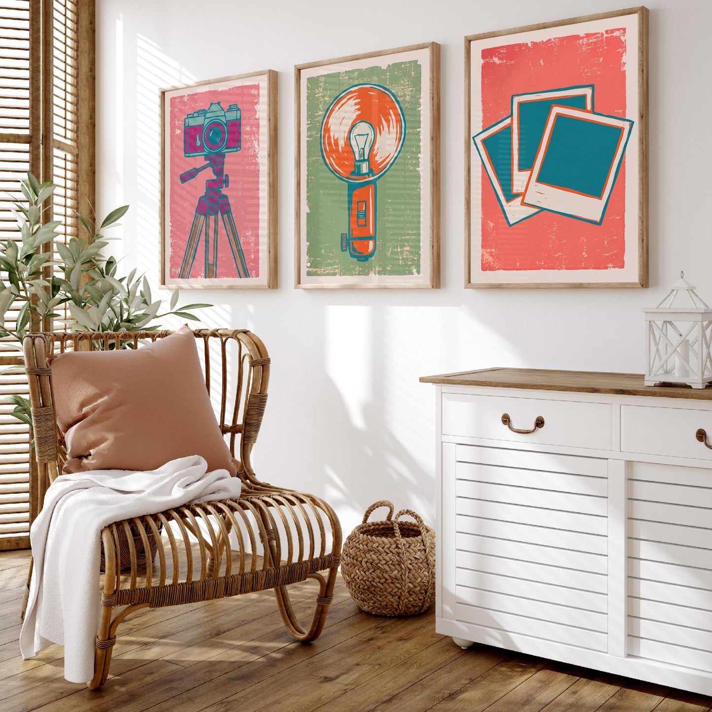 Set of Three Tripod Camera, Flash Bulb and Instant Photo Art Prints - Retro Photography Linocut Illustrations - Camera Posters V2
