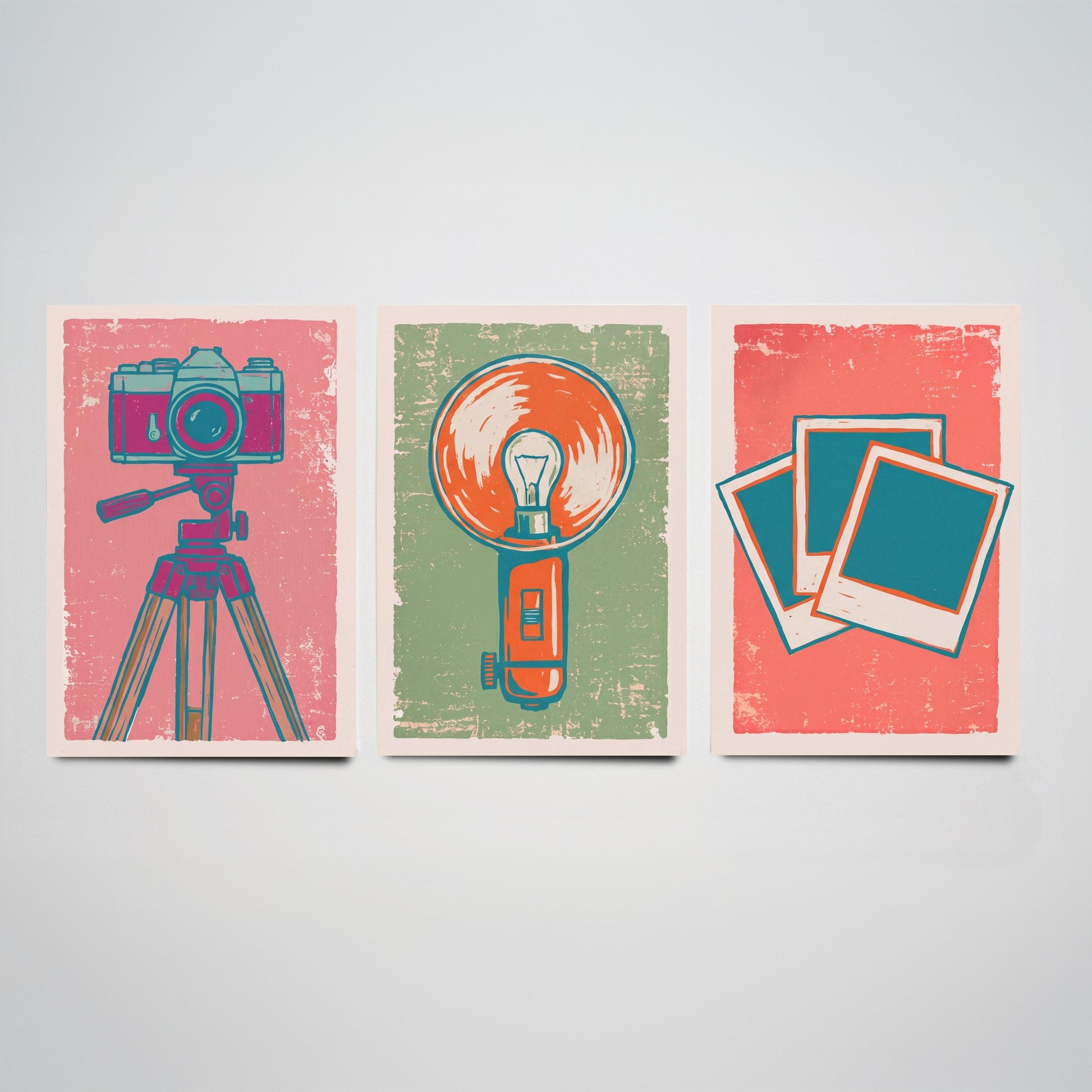 Set of Three Tripod Camera, Flash Bulb and Instant Photo Art Prints - Retro Photography Linocut Illustrations - Camera Posters V2