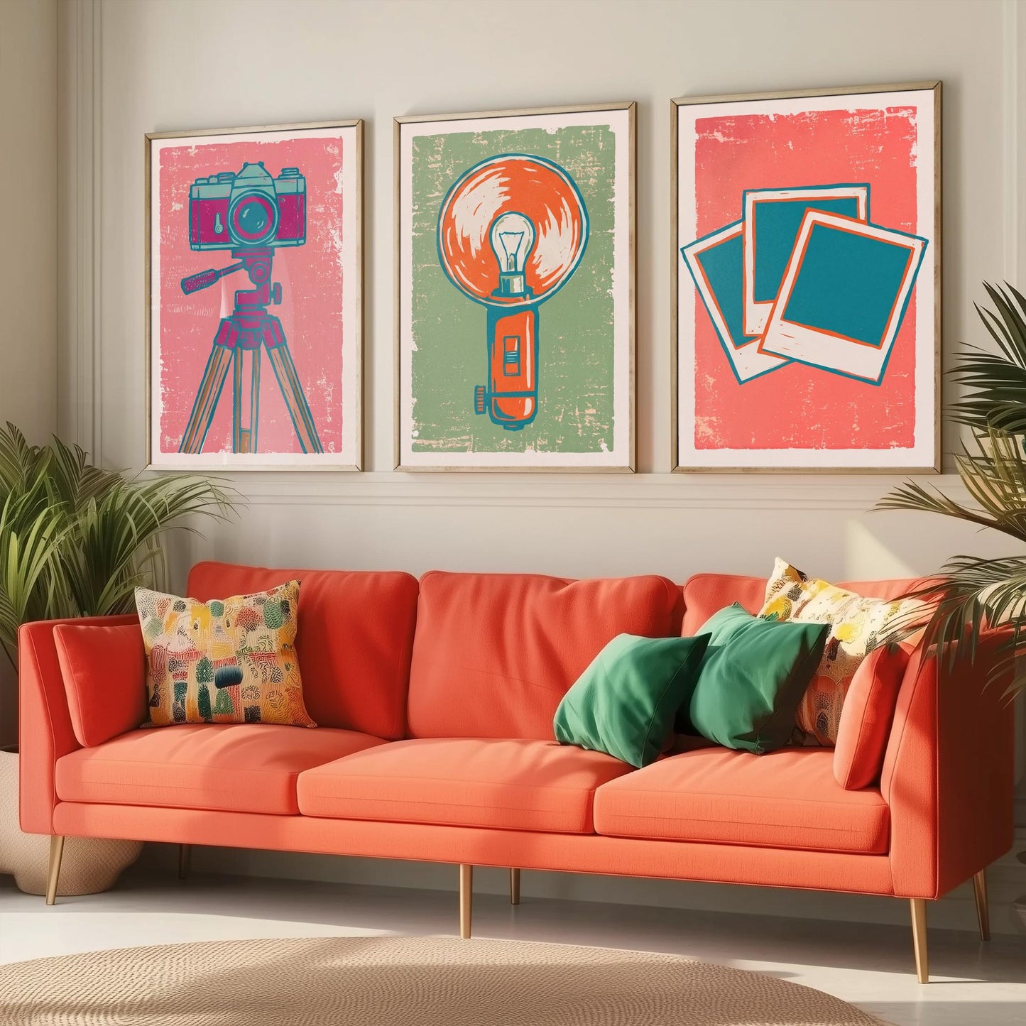 Set of Three Tripod Camera, Flash Bulb and Instant Photo Art Prints - Retro Photography Linocut Illustrations - Camera Posters V2