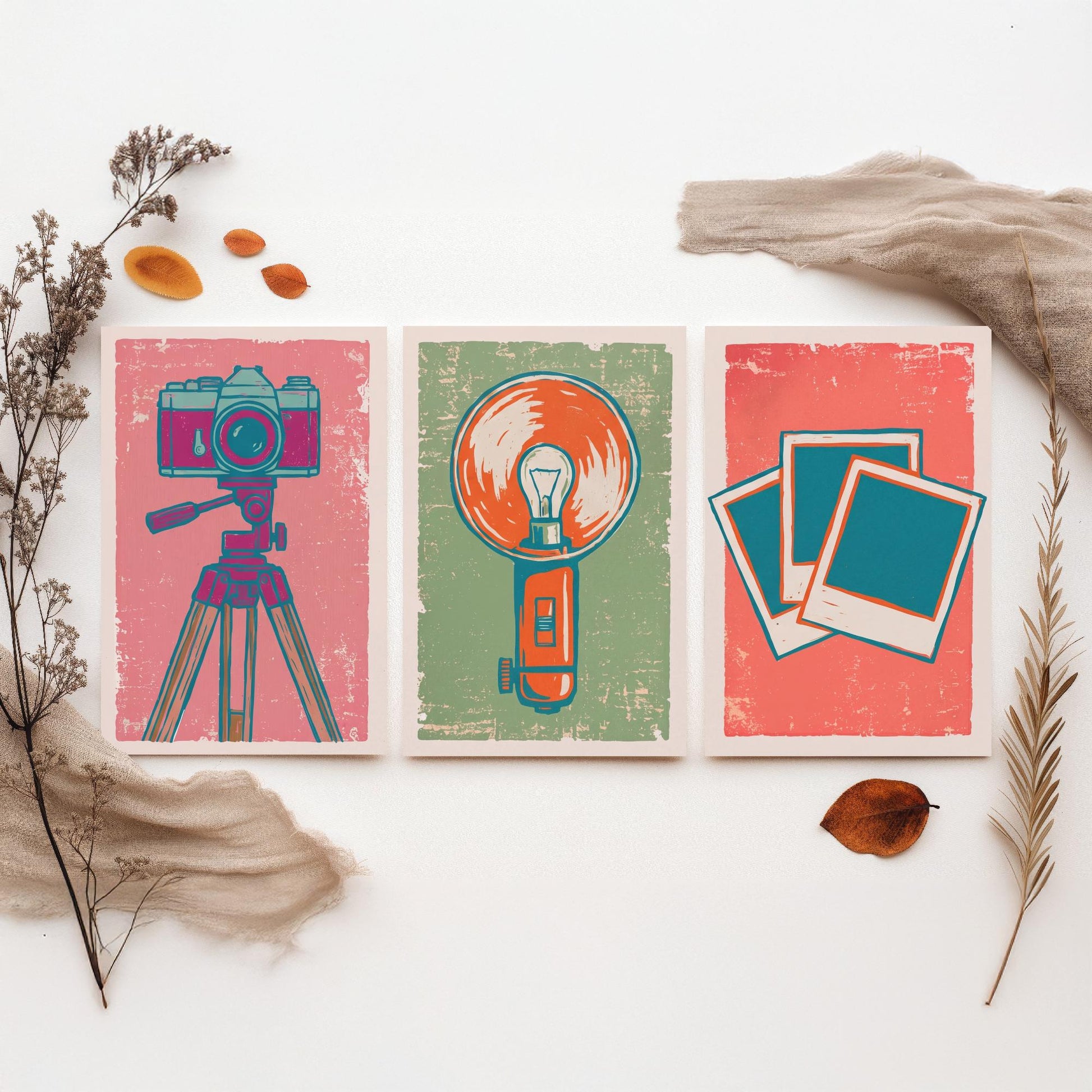 Set of Three Tripod Camera, Flash Bulb and Instant Photo Art Prints - Retro Photography Linocut Illustrations - Camera Posters V2