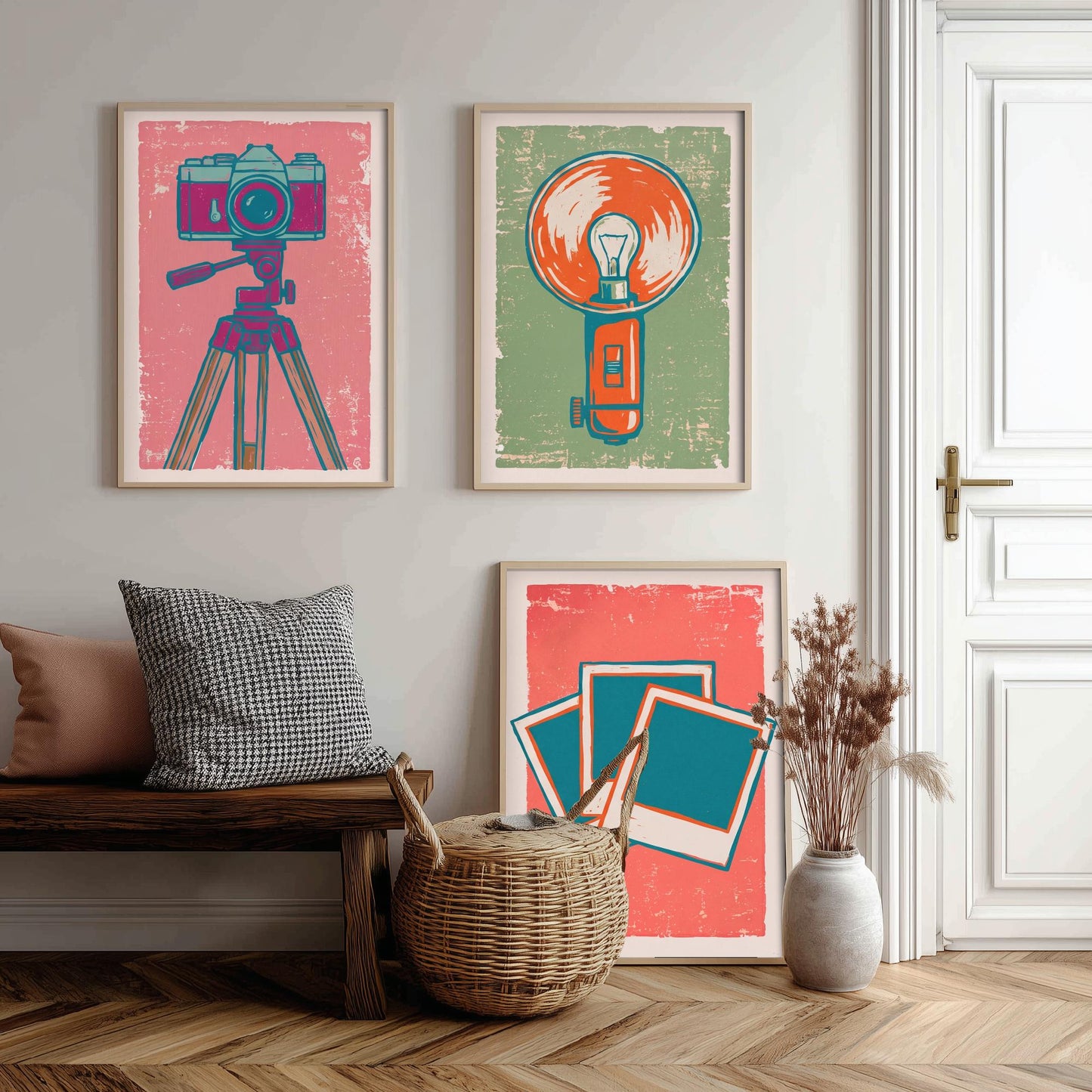 Set of Three Tripod Camera, Flash Bulb and Instant Photo Art Prints - Retro Photography Linocut Illustrations - Camera Posters V2