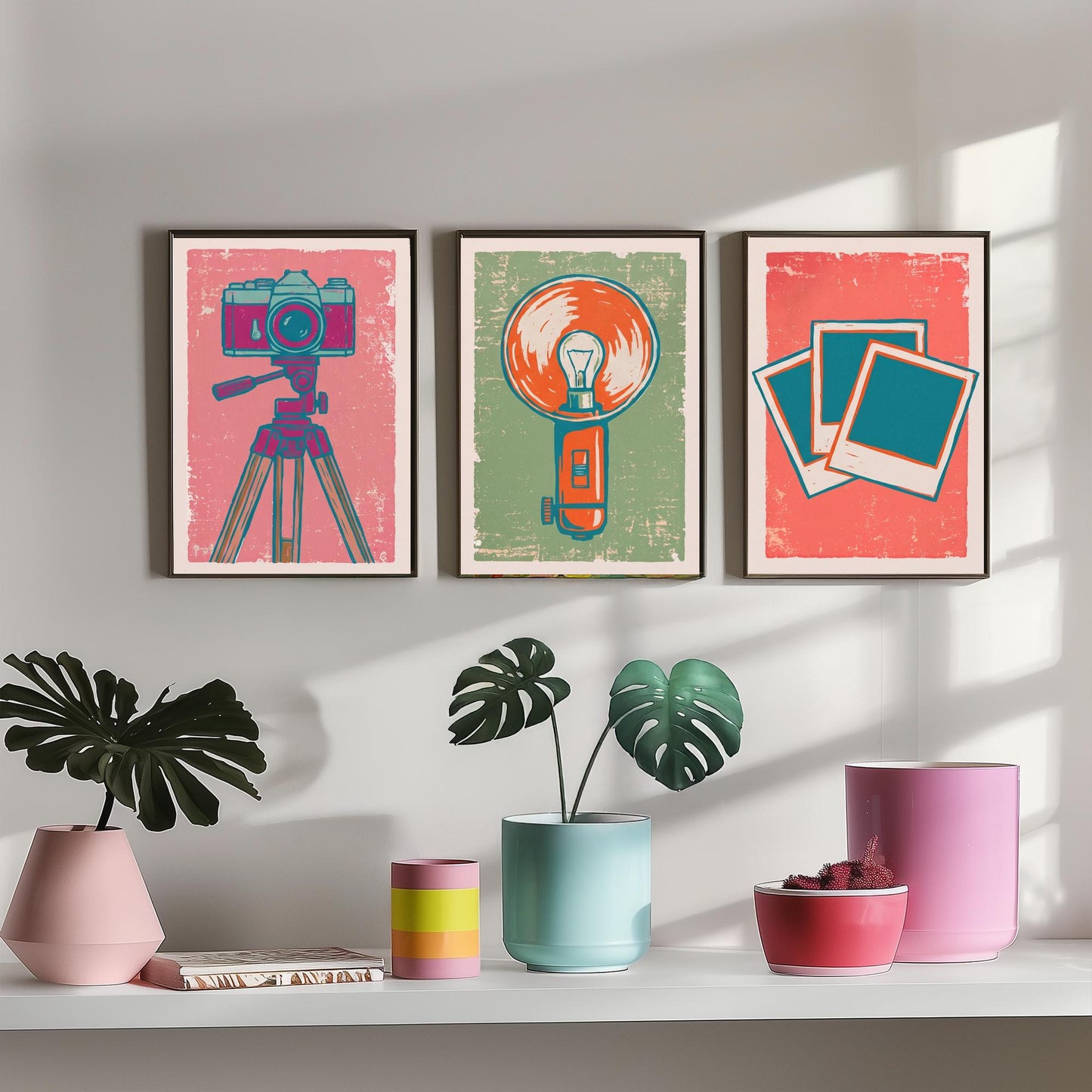 Set of Three Tripod Camera, Flash Bulb and Instant Photo Art Prints - Retro Photography Linocut Illustrations - Camera Posters V2