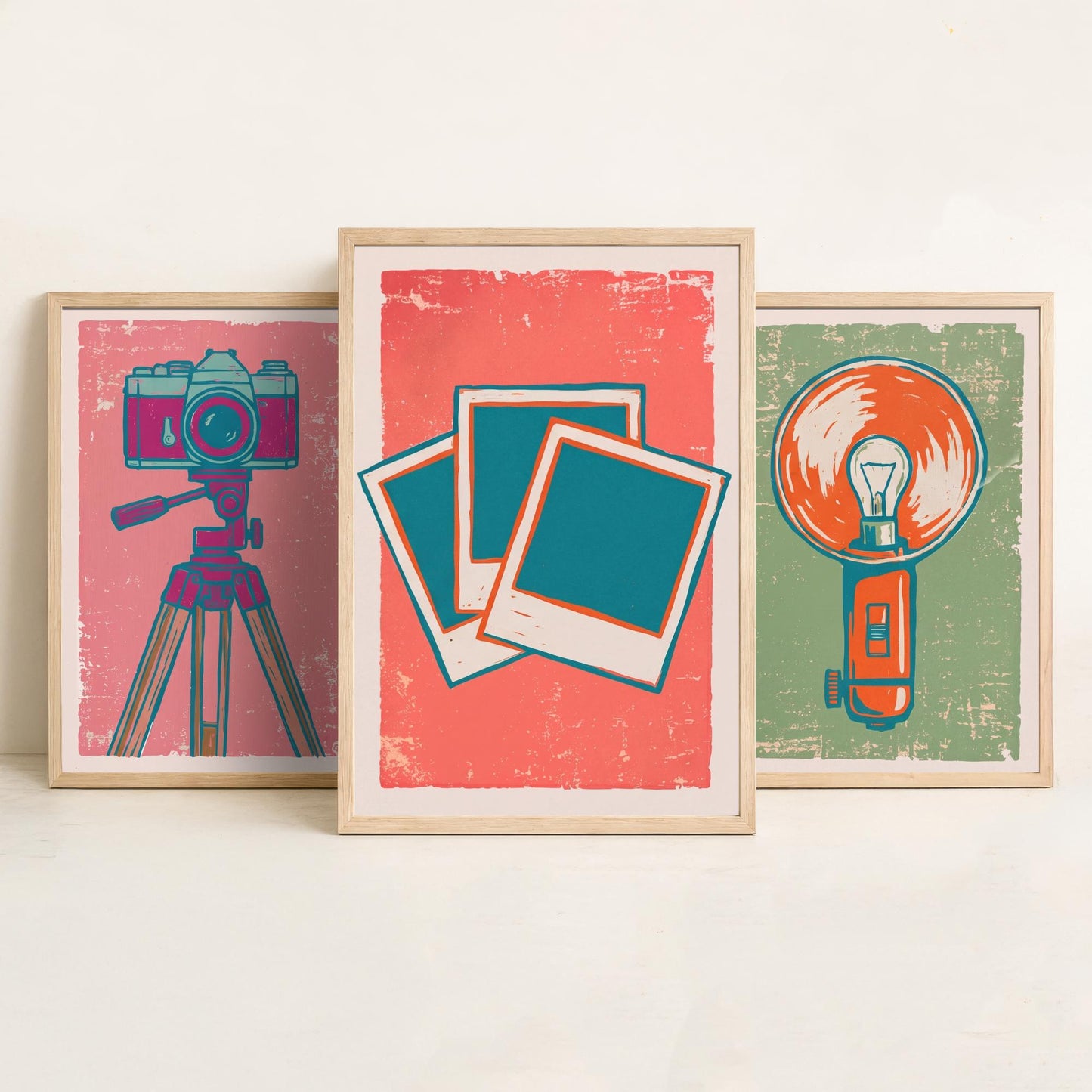 Set of Three Tripod Camera, Flash Bulb and Instant Photo Art Prints - Retro Photography Linocut Illustrations - Camera Posters V2
