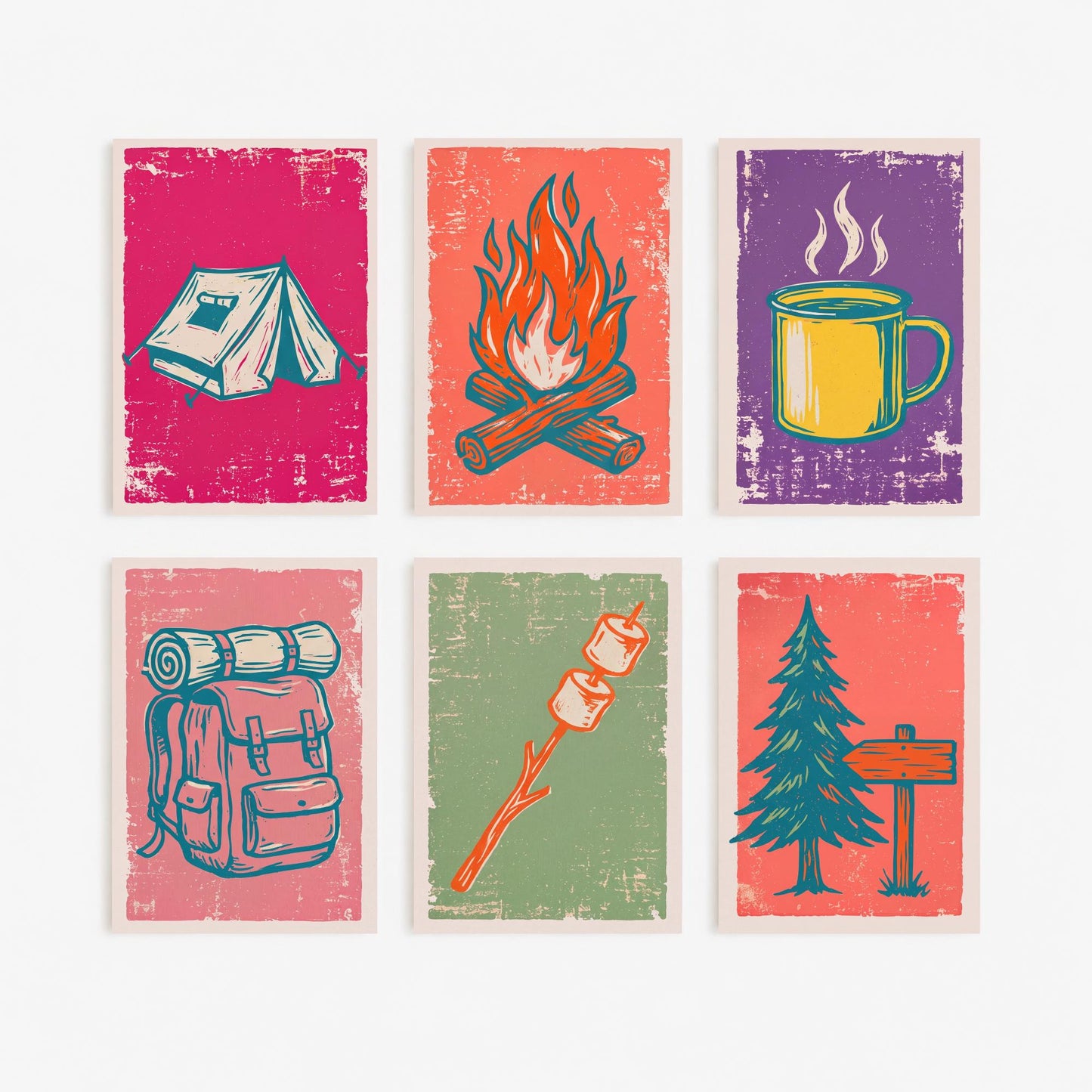 Set of Six Camping Linocut Art Prints - 6 Outdoor Adventure Illustrations - Ridge Tent, Campfire, Enamel Mug, Backpack, Marshmallow Posters