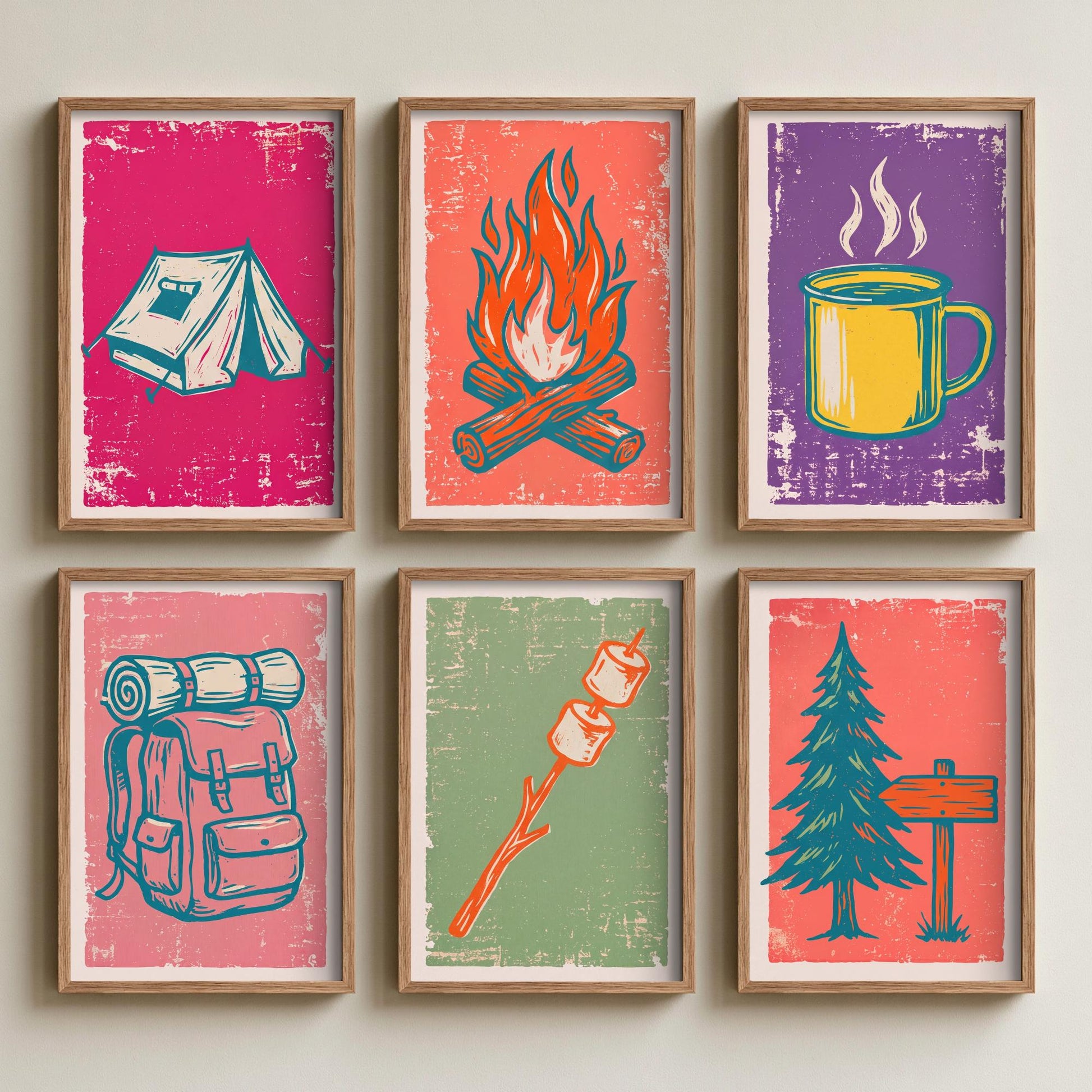 Set of Six Camping Linocut Art Prints - 6 Outdoor Adventure Illustrations - Ridge Tent, Campfire, Enamel Mug, Backpack, Marshmallow Posters