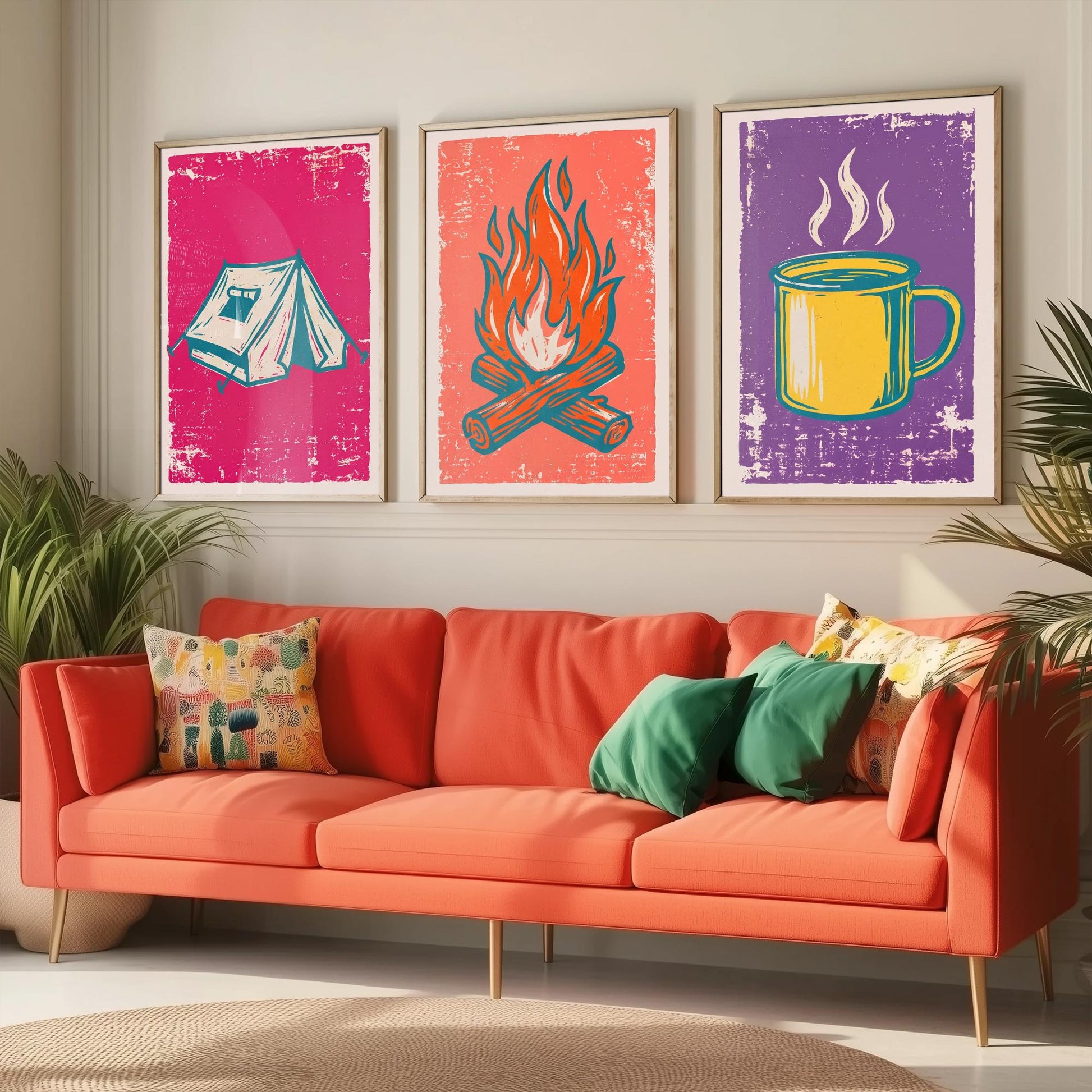 Ridge Tent, Campfire and Enamel Mug - Set of Three Linocut Illustrations - Camping Art Prints - Outdoor Adventure Posters V1