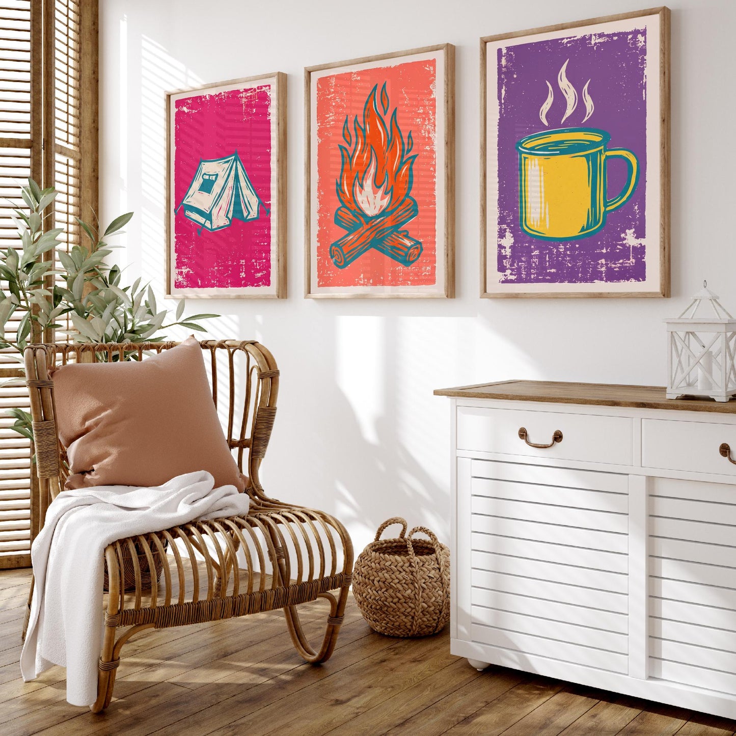 Ridge Tent, Campfire and Enamel Mug - Set of Three Linocut Illustrations - Camping Art Prints - Outdoor Adventure Posters V1