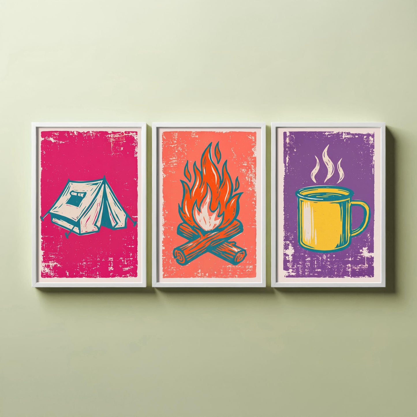 Ridge Tent, Campfire and Enamel Mug - Set of Three Linocut Illustrations - Camping Art Prints - Outdoor Adventure Posters V1