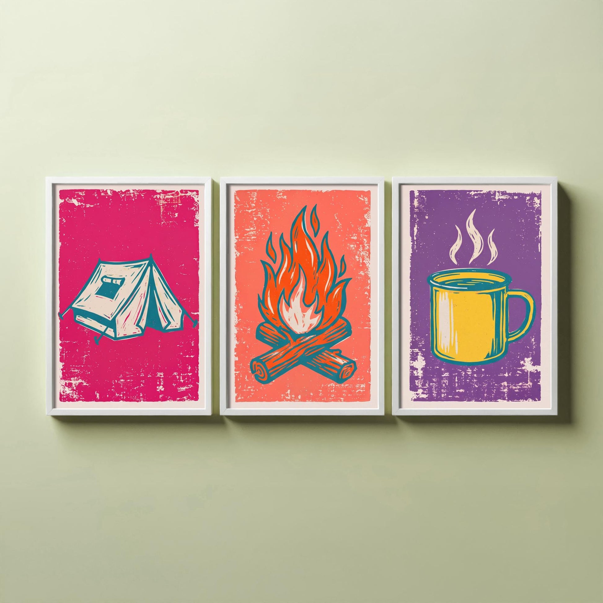 Ridge Tent, Campfire and Enamel Mug - Set of Three Linocut Illustrations - Camping Art Prints - Outdoor Adventure Posters V1