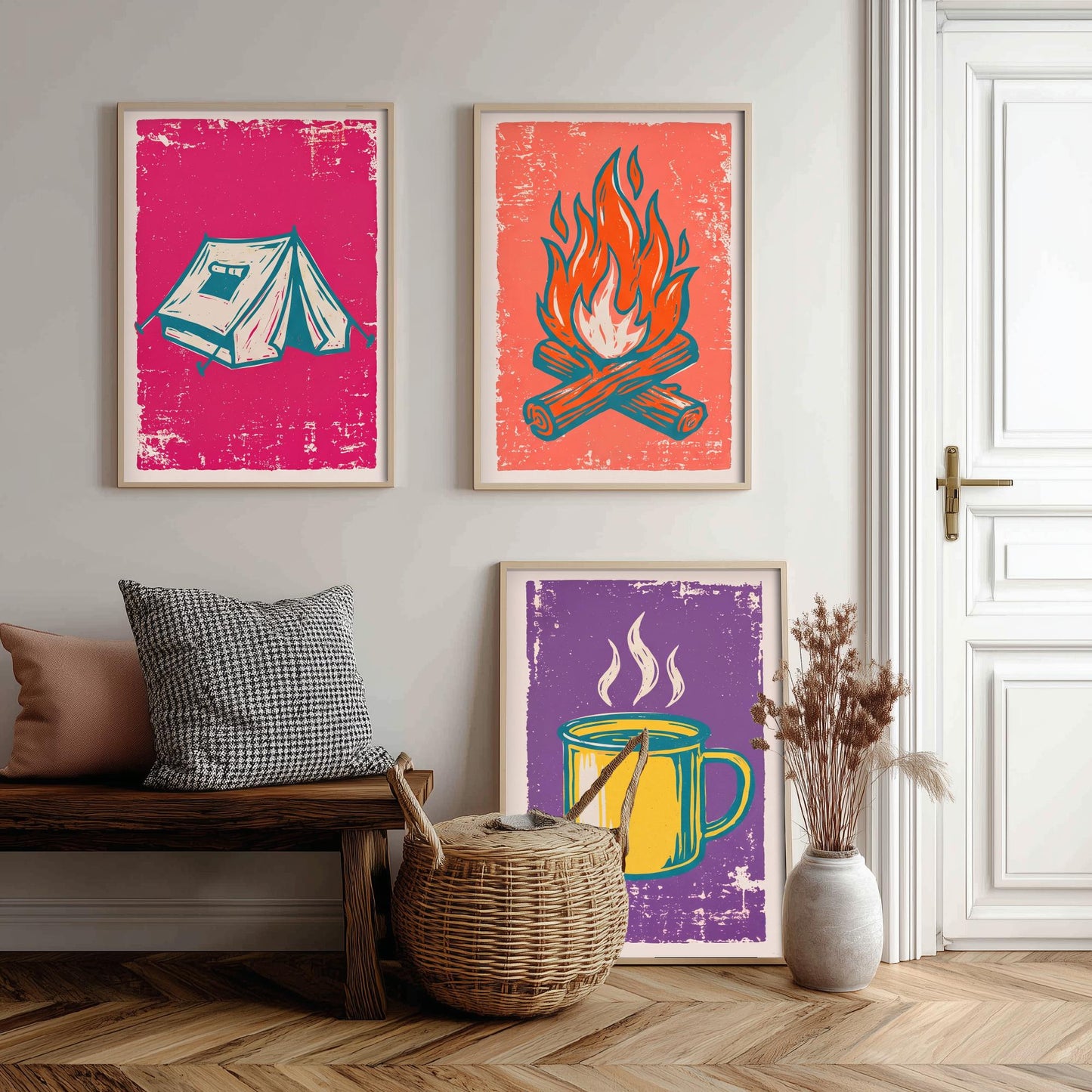 Ridge Tent, Campfire and Enamel Mug - Set of Three Linocut Illustrations - Camping Art Prints - Outdoor Adventure Posters V1