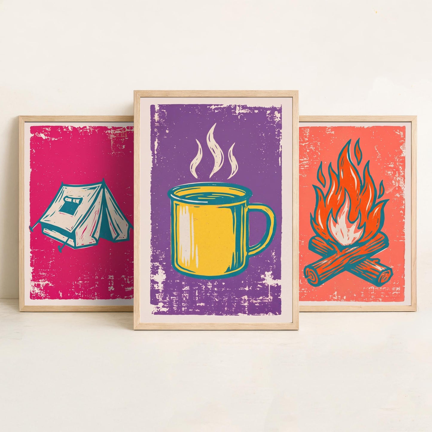 Ridge Tent, Campfire and Enamel Mug - Set of Three Linocut Illustrations - Camping Art Prints - Outdoor Adventure Posters V1