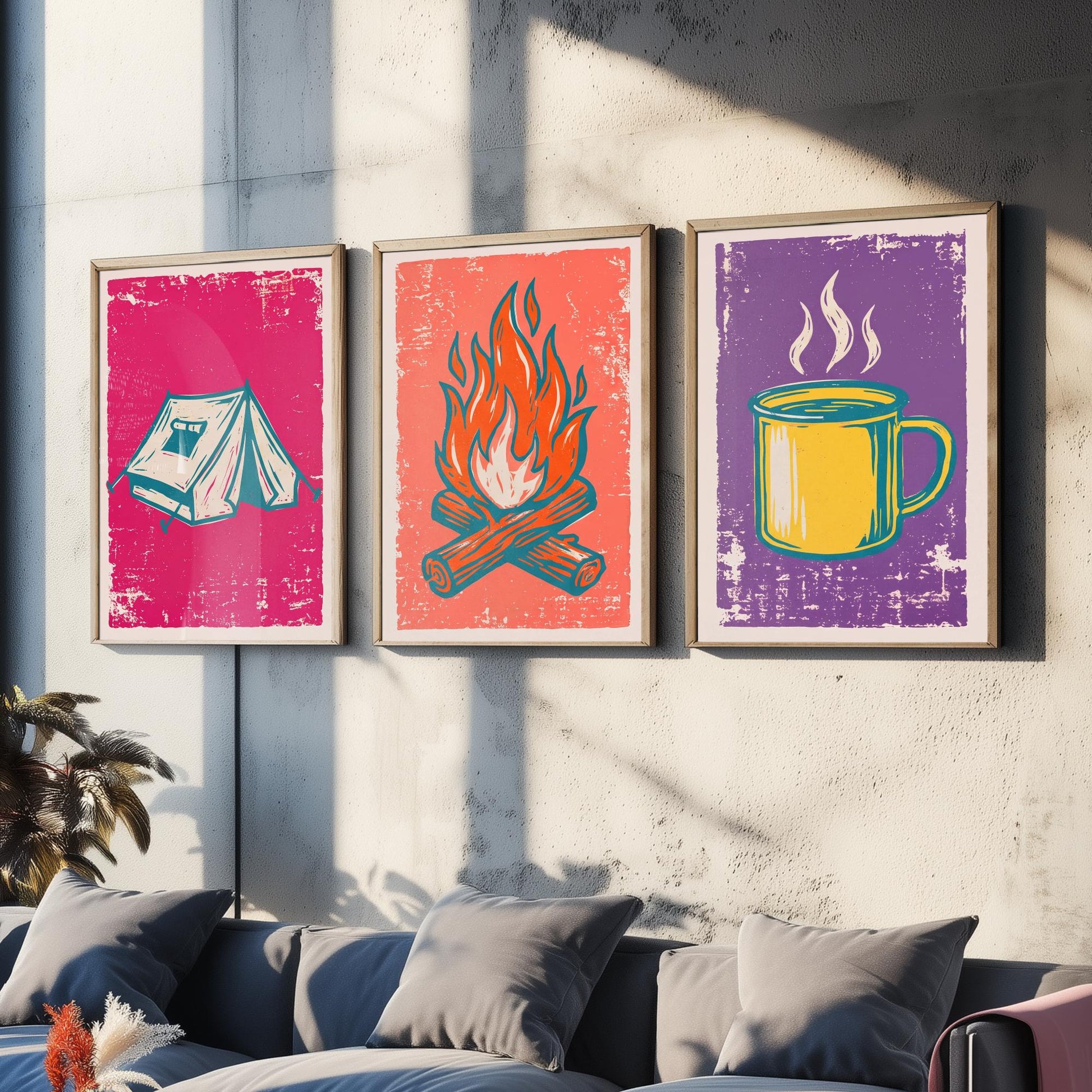 Ridge Tent, Campfire and Enamel Mug - Set of Three Linocut Illustrations - Camping Art Prints - Outdoor Adventure Posters V1