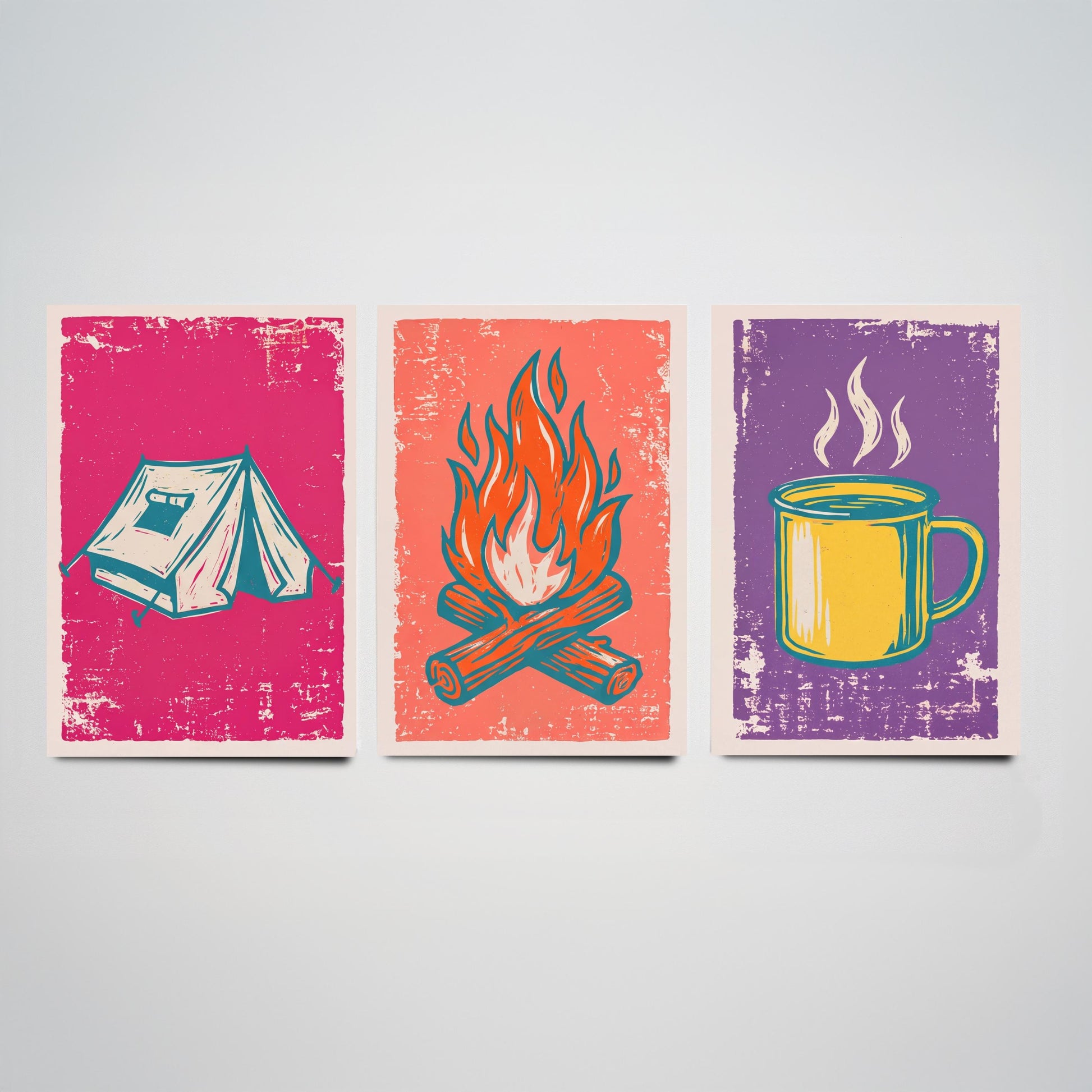 Ridge Tent, Campfire and Enamel Mug - Set of Three Linocut Illustrations - Camping Art Prints - Outdoor Adventure Posters V1