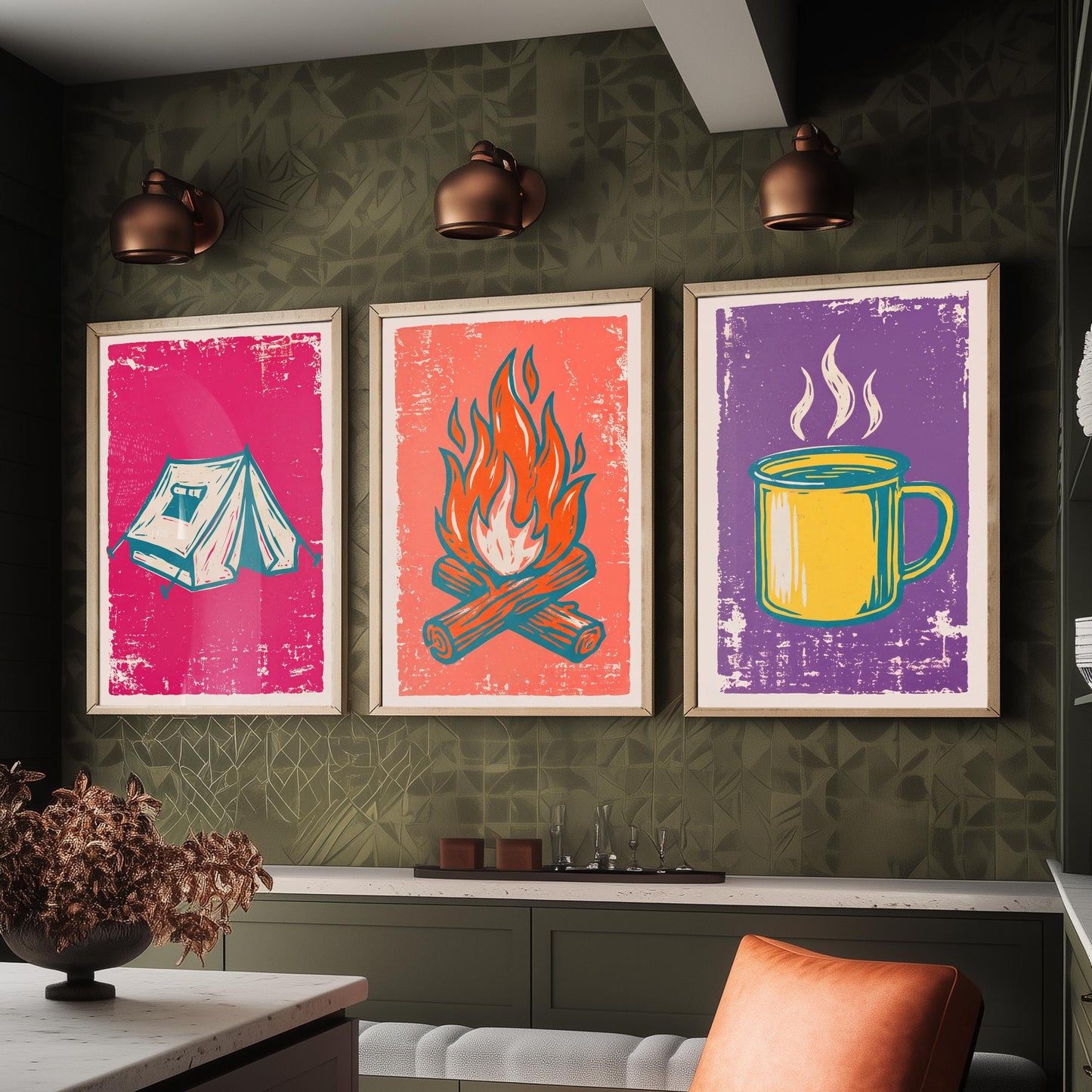 Ridge Tent, Campfire and Enamel Mug - Set of Three Linocut Illustrations - Camping Art Prints - Outdoor Adventure Posters V1