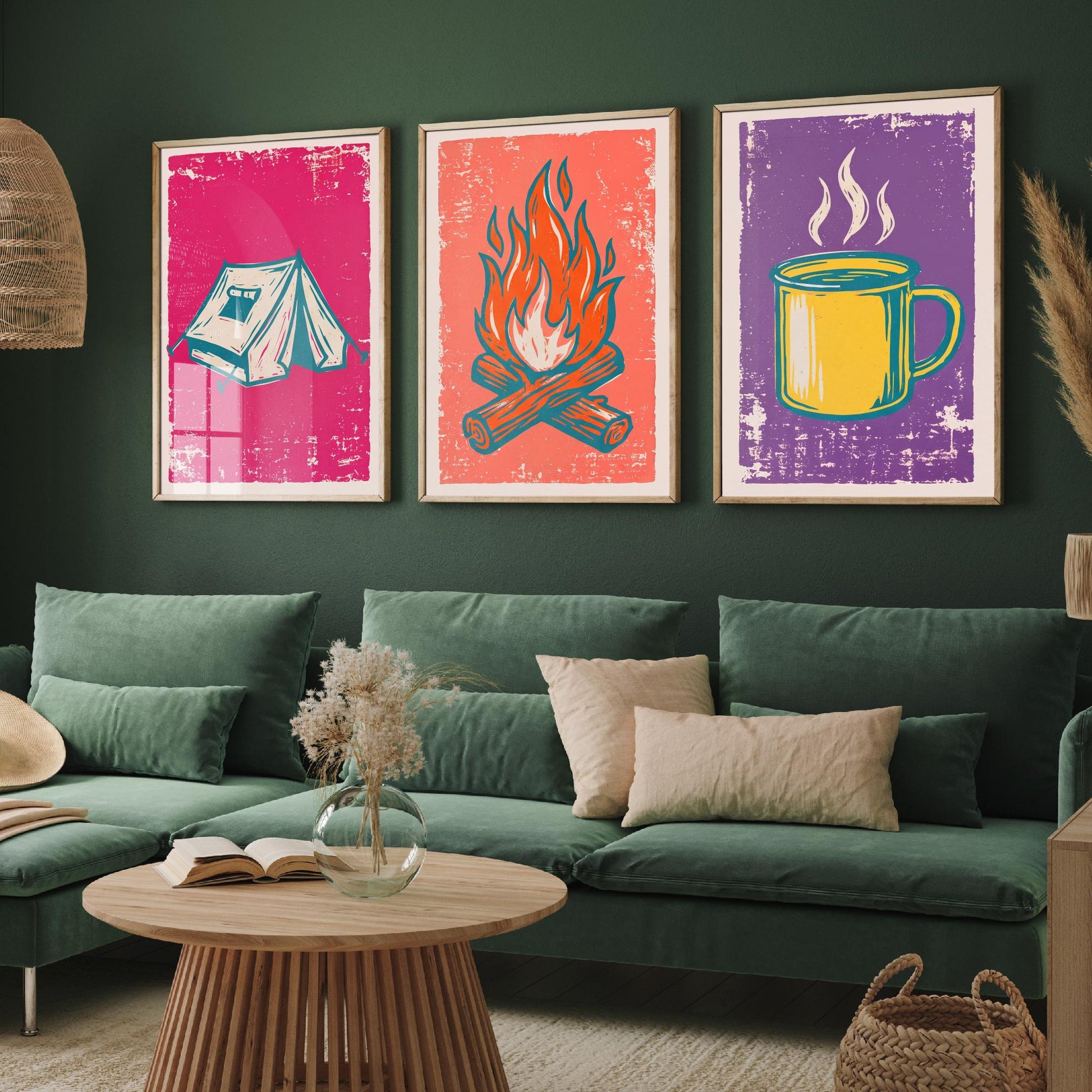 Ridge Tent, Campfire and Enamel Mug - Set of Three Linocut Illustrations - Camping Art Prints - Outdoor Adventure Posters V1