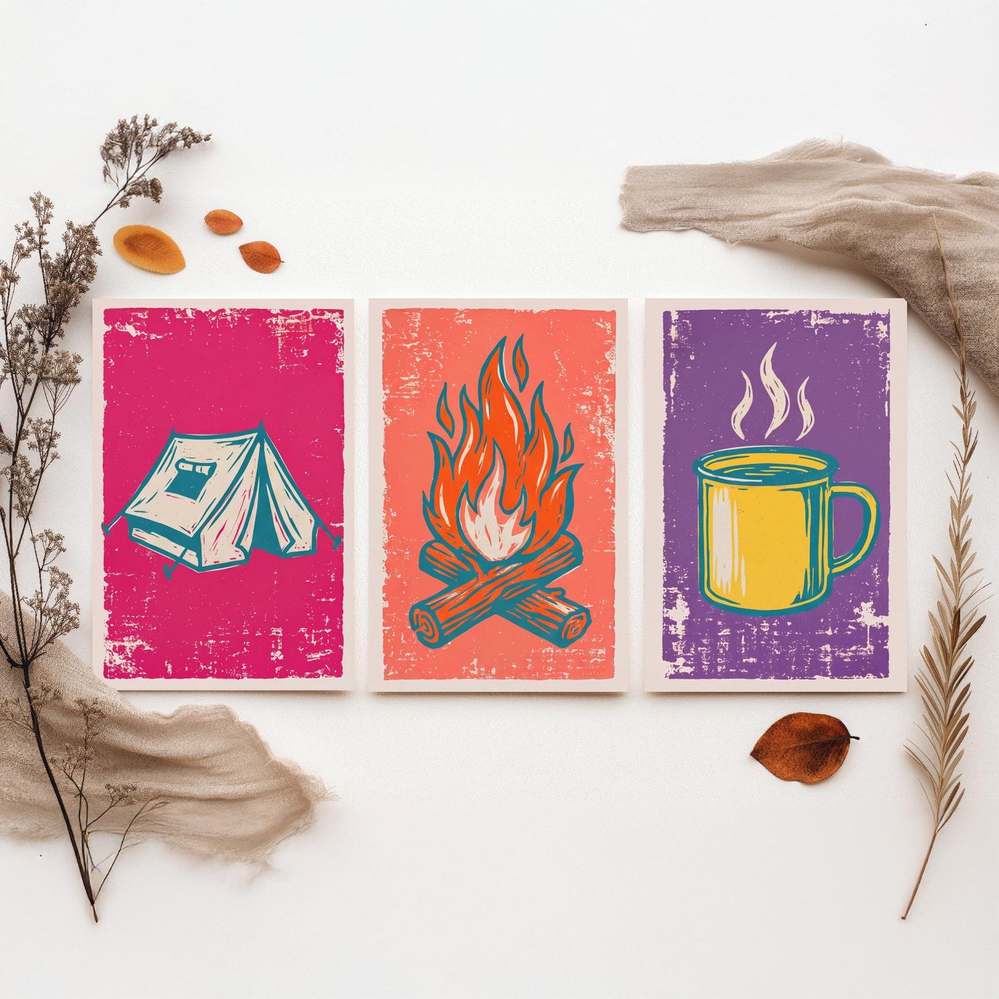 Ridge Tent, Campfire and Enamel Mug - Set of Three Linocut Illustrations - Camping Art Prints - Outdoor Adventure Posters V1