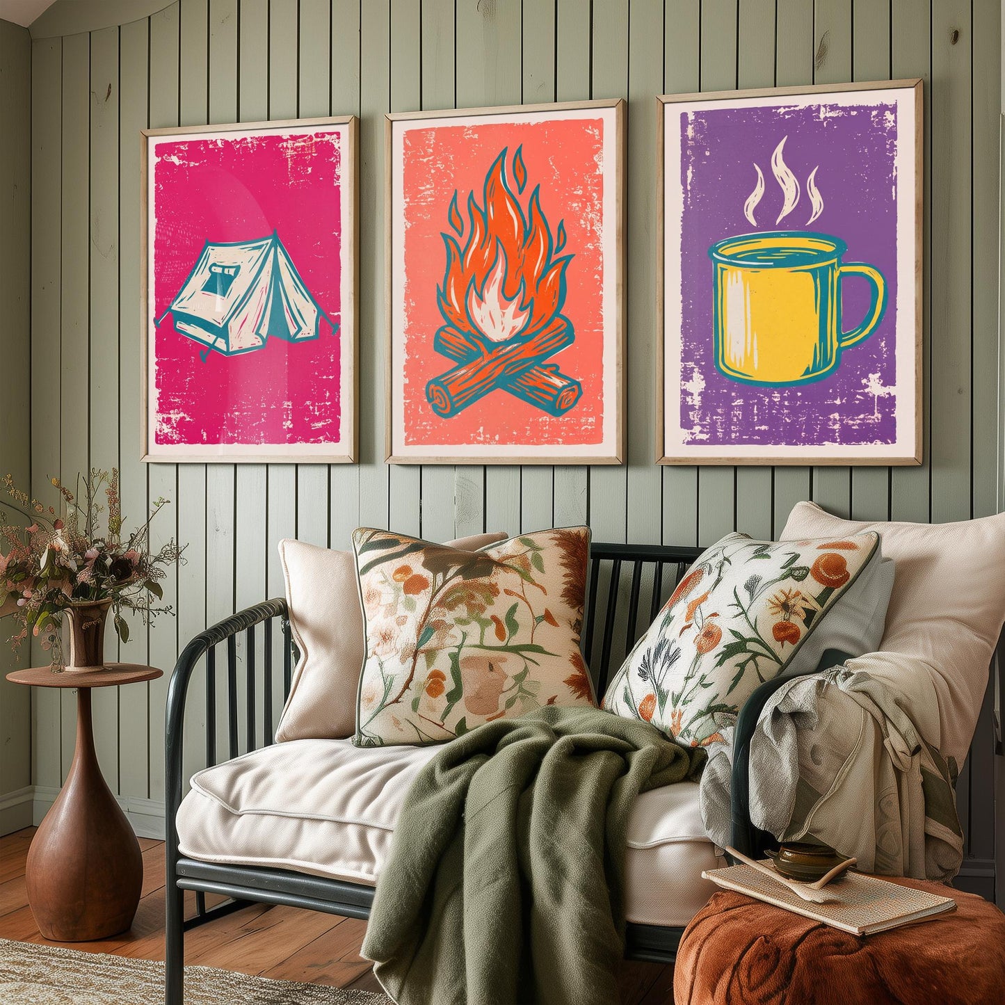 Ridge Tent, Campfire and Enamel Mug - Set of Three Linocut Illustrations - Camping Art Prints - Outdoor Adventure Posters V1