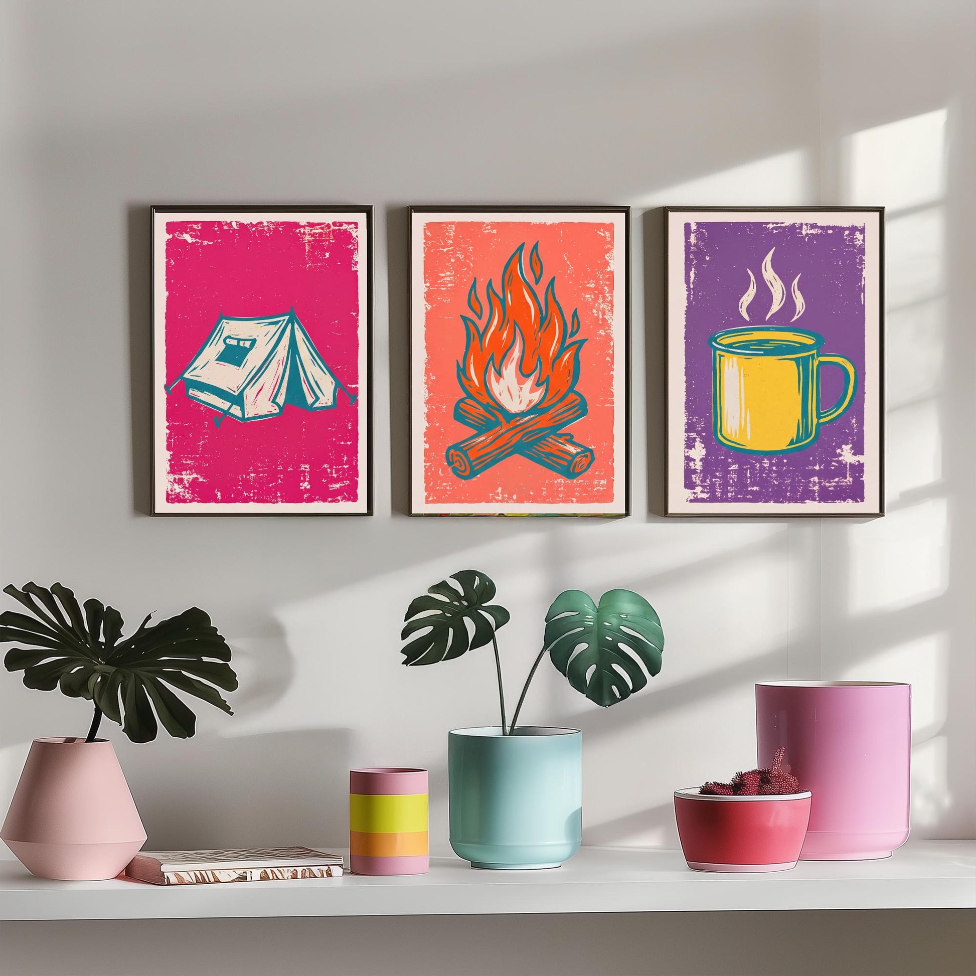 Ridge Tent, Campfire and Enamel Mug - Set of Three Linocut Illustrations - Camping Art Prints - Outdoor Adventure Posters V1