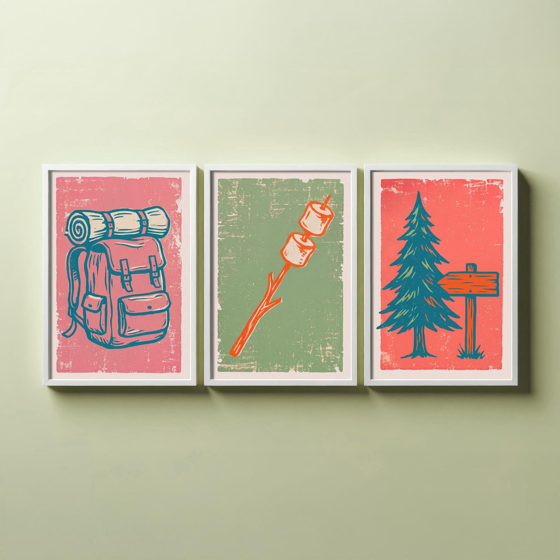 Rucksack, Toasted Marshmallows and Pine Tree - Set of Three Linocut Illustrations - Camping Art Prints - Cabin Wall Posters V2