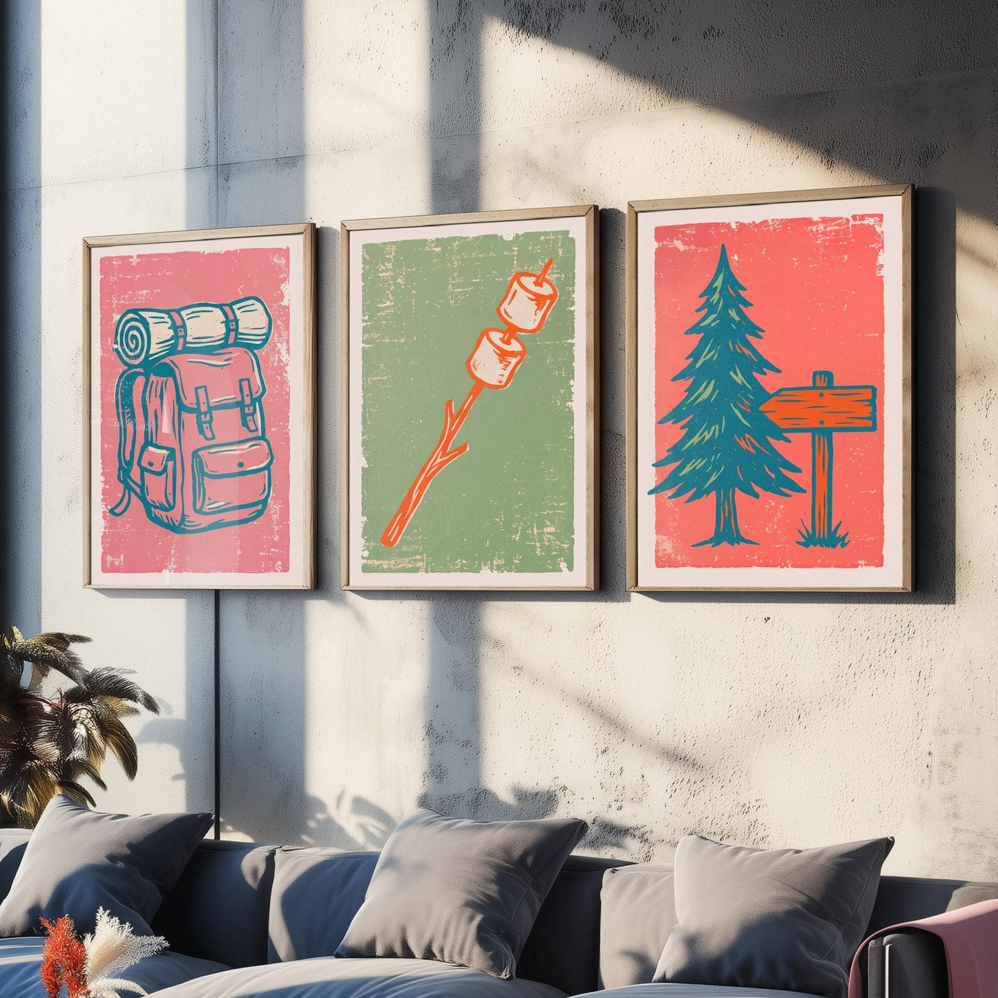 Rucksack, Toasted Marshmallows and Pine Tree - Set of Three Linocut Illustrations - Camping Art Prints - Cabin Wall Posters V2