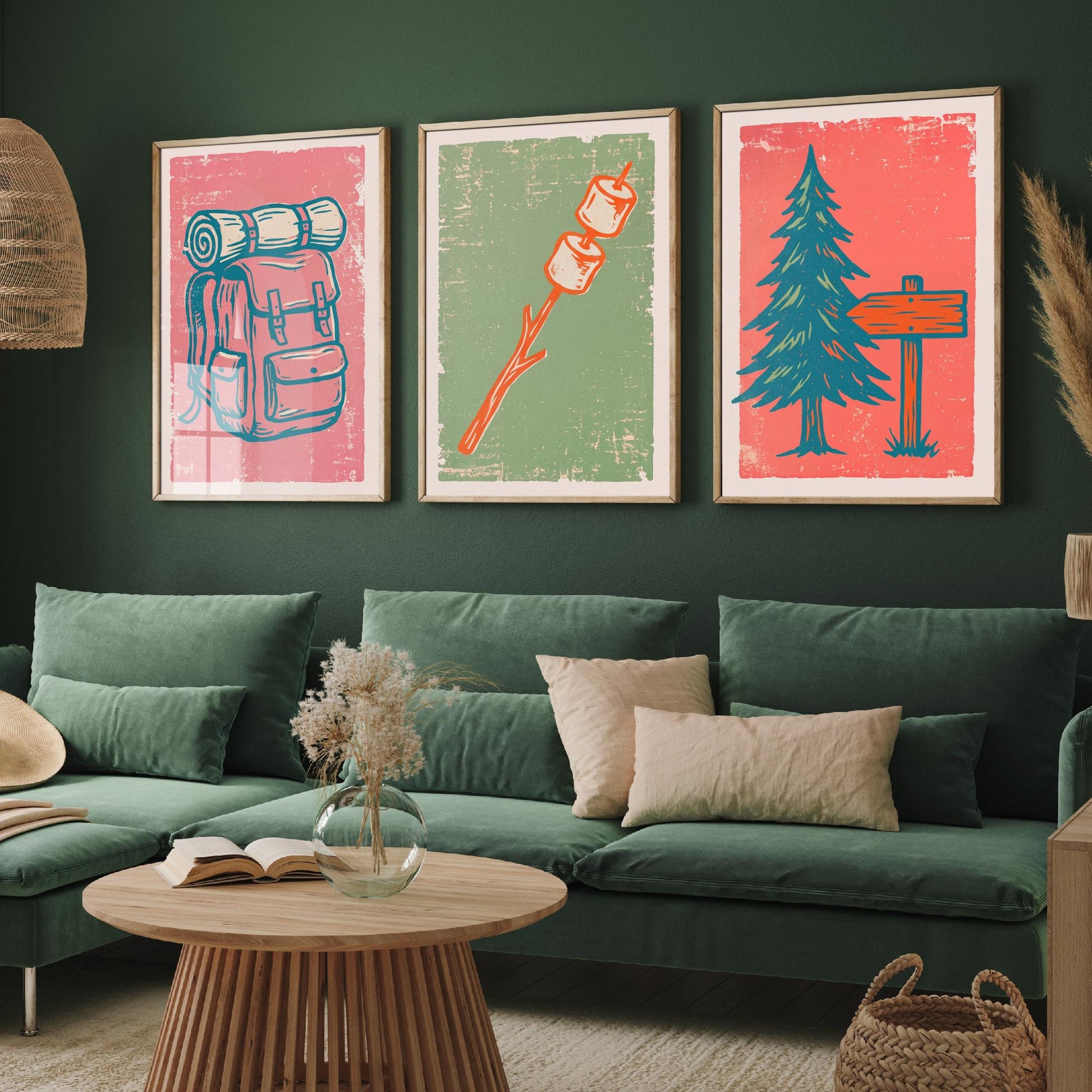 Rucksack, Toasted Marshmallows and Pine Tree - Set of Three Linocut Illustrations - Camping Art Prints - Cabin Wall Posters V2
