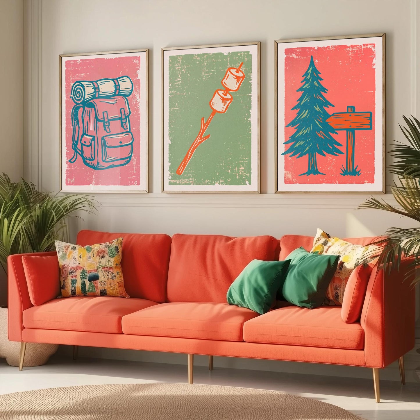 Rucksack, Toasted Marshmallows and Pine Tree - Set of Three Linocut Illustrations - Camping Art Prints - Cabin Wall Posters V2