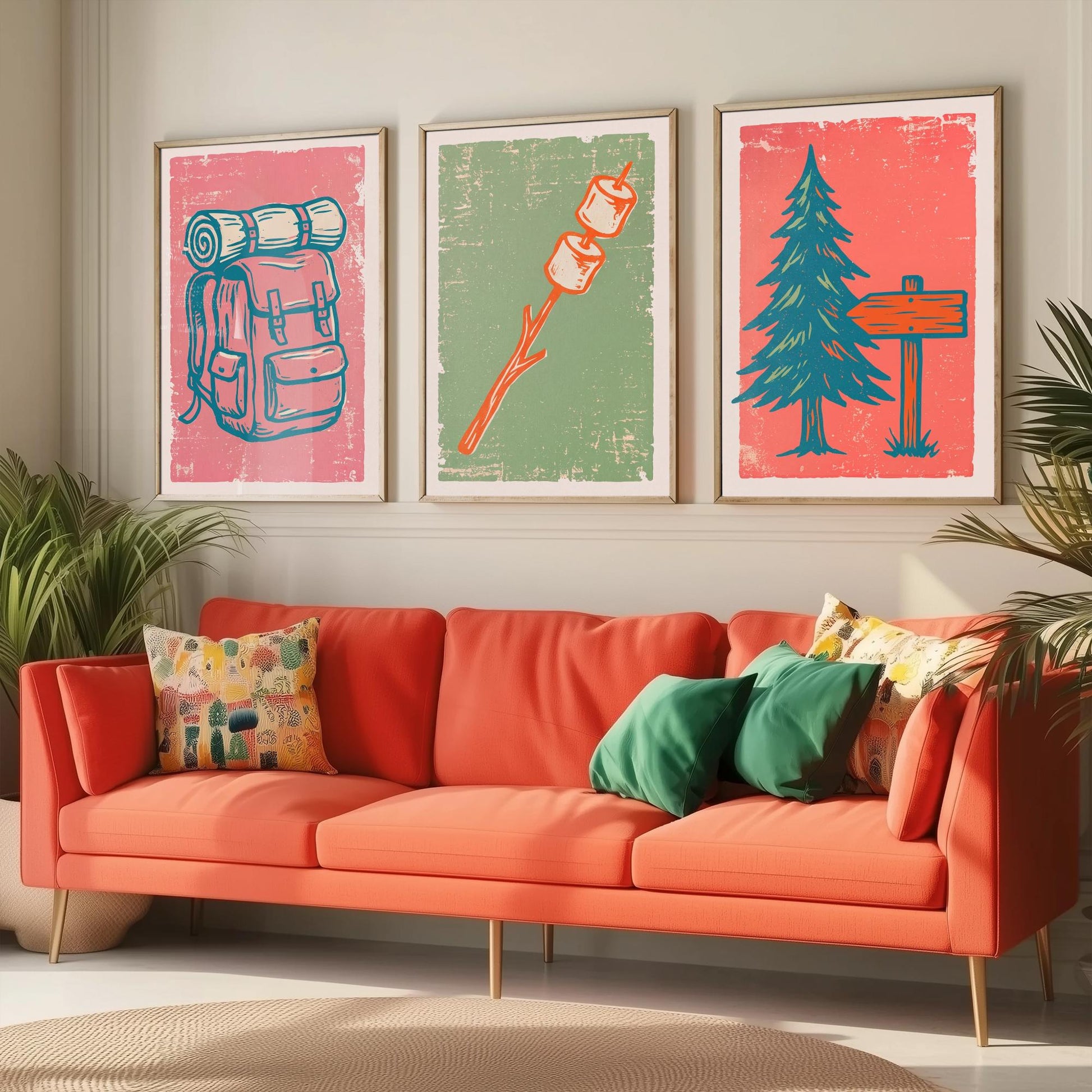 Rucksack, Toasted Marshmallows and Pine Tree - Set of Three Linocut Illustrations - Camping Art Prints - Cabin Wall Posters V2