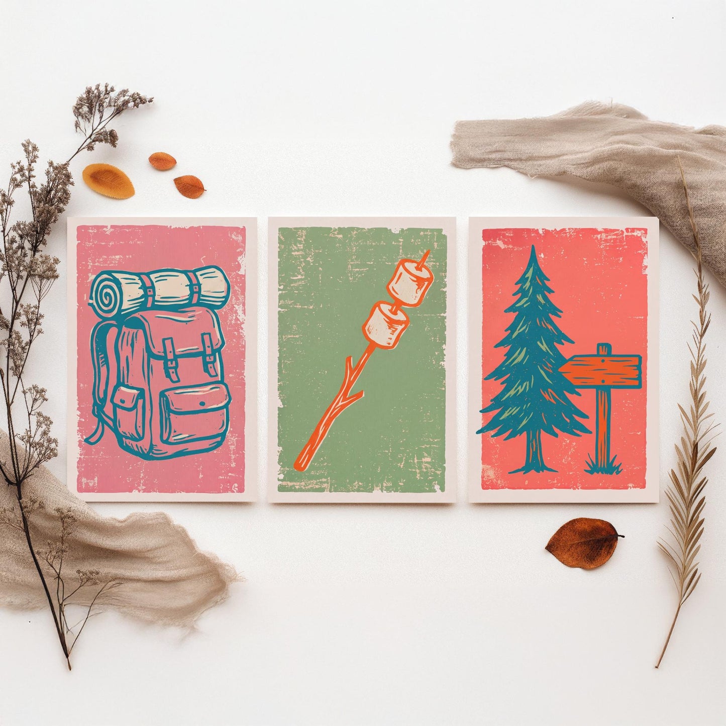 Rucksack, Toasted Marshmallows and Pine Tree - Set of Three Linocut Illustrations - Camping Art Prints - Cabin Wall Posters V2